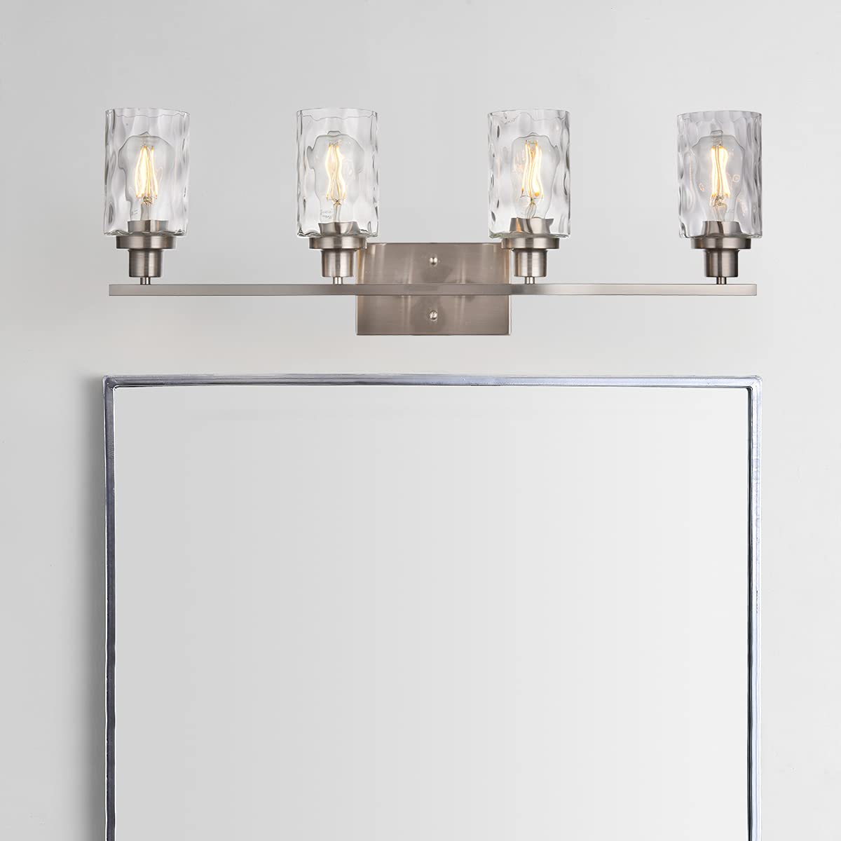 4-Light Modern Bathroom Vanity Light Fixture - Brushed Nickel Wall Sconce with Hammered Glass Shade - Perfect for Bathroom, Powder Room & Dressing Room Lighting