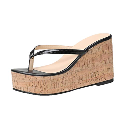 Women's Black Platform Wedge Flip Flops with Bling - Casual Summer Sandals for Beach, Pool, and Outdoor Wear