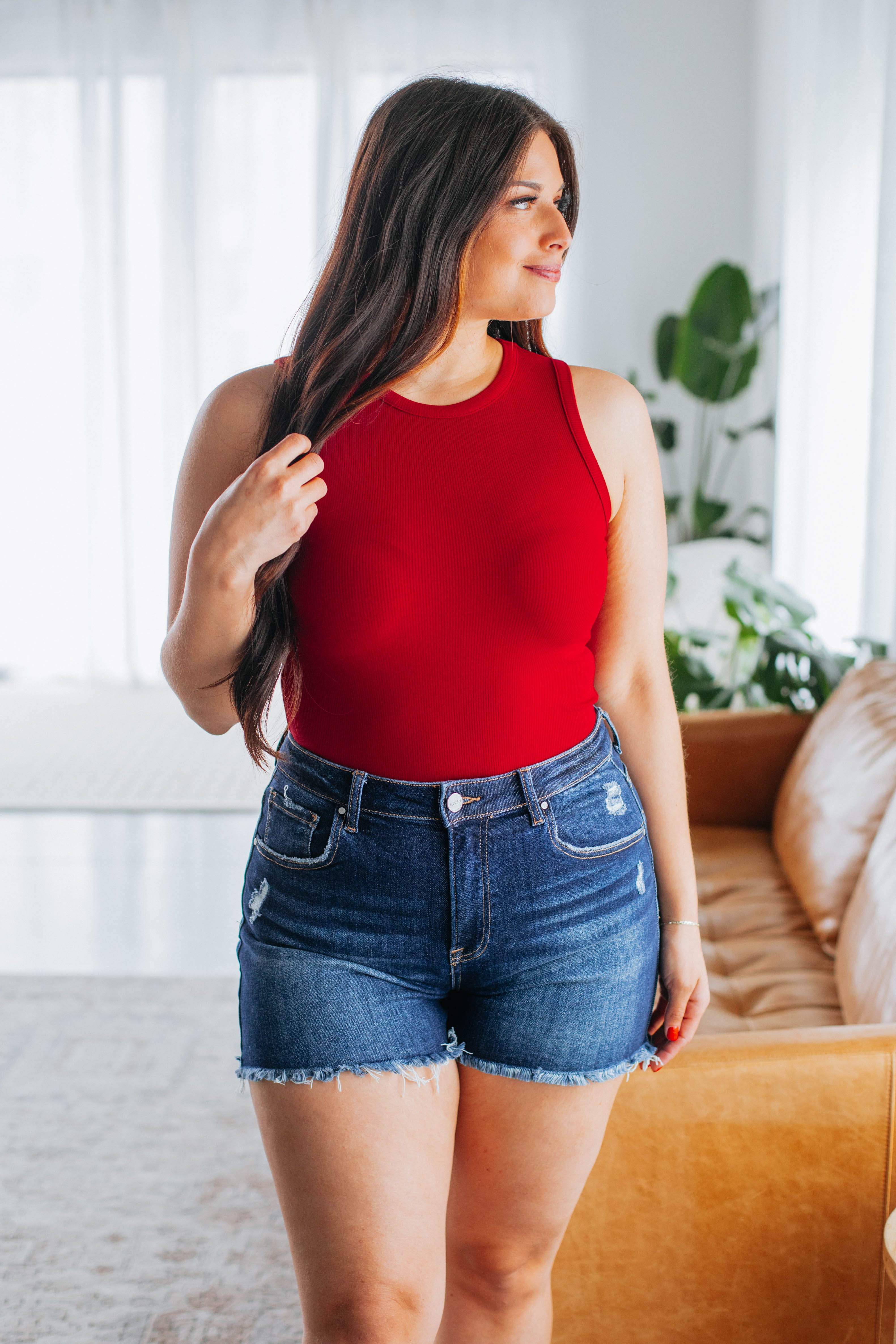 April Ribbed Bodysuit for Women - Stretchy Crimson Red Long Sleeve Bodycon Top - Perfect for Layering, Date Night & Casual Outfits
