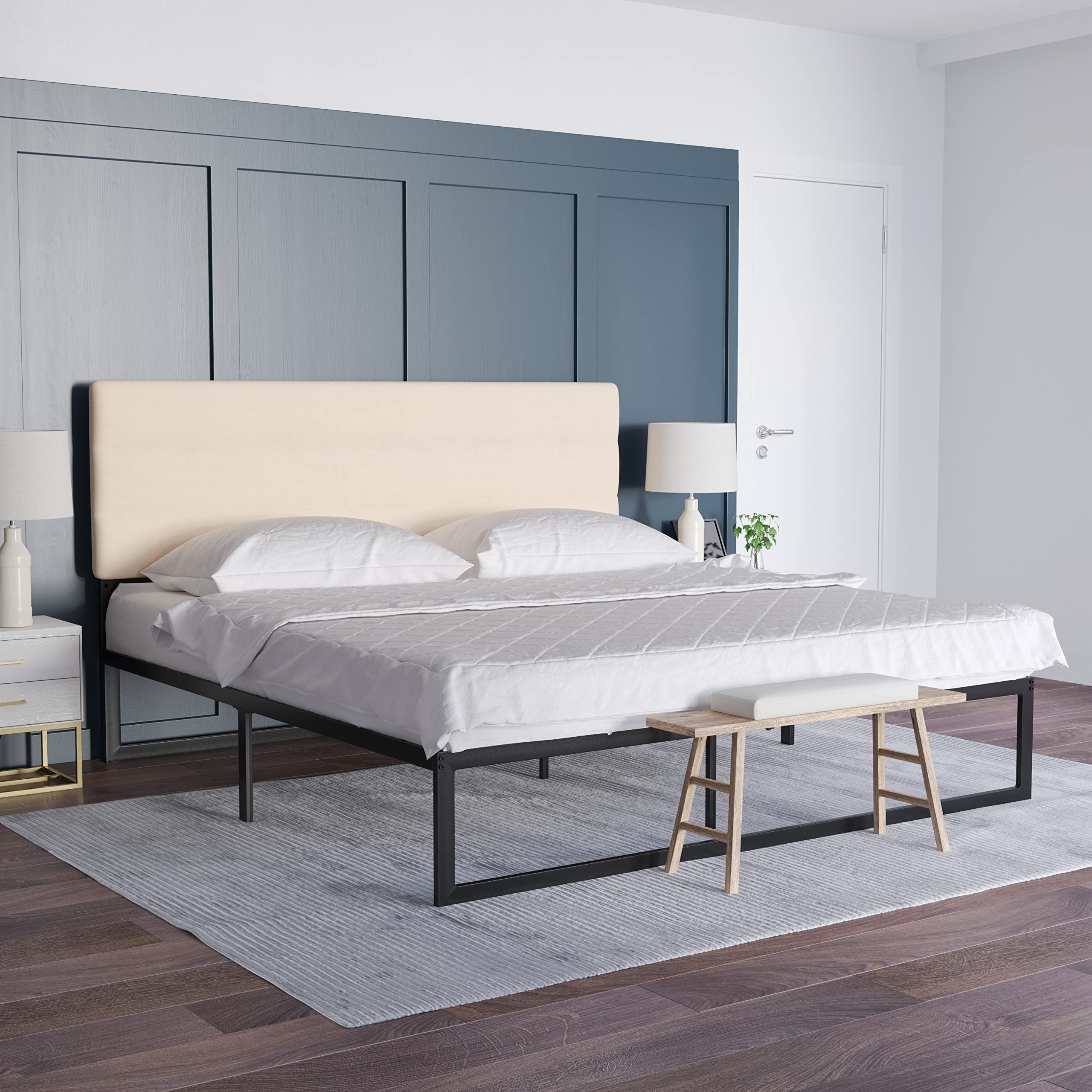 EMMA + OLIVER Gannon King Headboard - Cream Fabric Upholstered Adjustable Height Bed Frame Headboard - Easy 30-Minute Assembly - Fits Most Bed Frames (Not Included) - Perfect for Master Bedroom, Guest Room & Home Decor