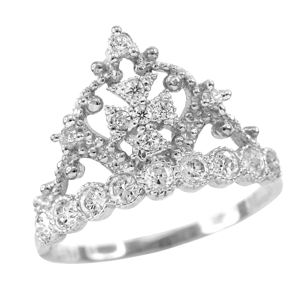 14K White Gold Crown Cross CZ Band Ring - Dainty Modern Contemporary Ring for Women, Perfect for Everyday Wear, Gift Giving & Special Occasions
