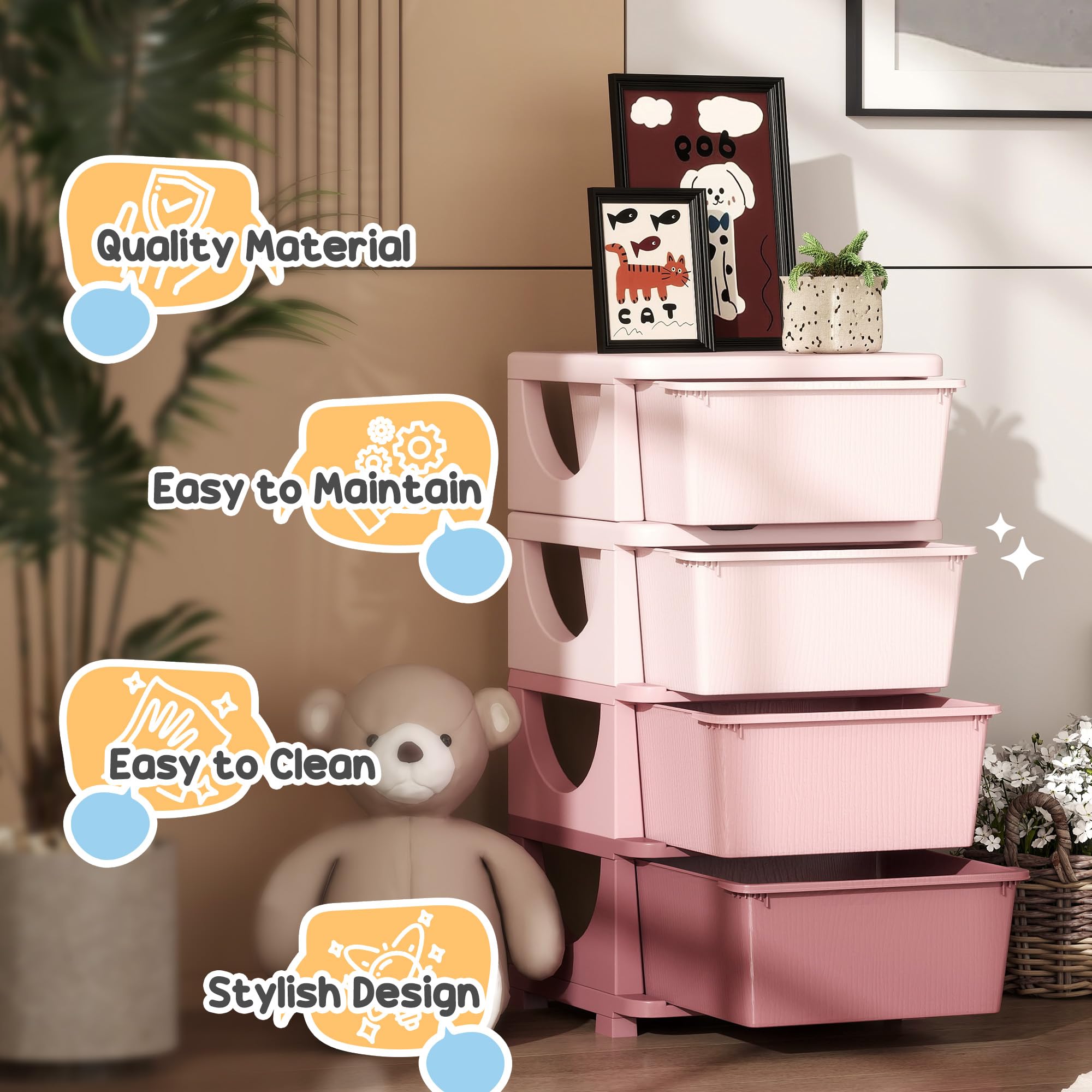 Qaba 4-Tier Kids Storage Unit with 4 Drawers - Toy Organizer with Plastic Bins for Bedroom, Nursery & Kindergarten - Space-Saving Storage Solution for Boys, Girls & Toddlers (Pink) - Perfect for Organizing Toys, Books & Clothes in Kids' Rooms & Play Areas