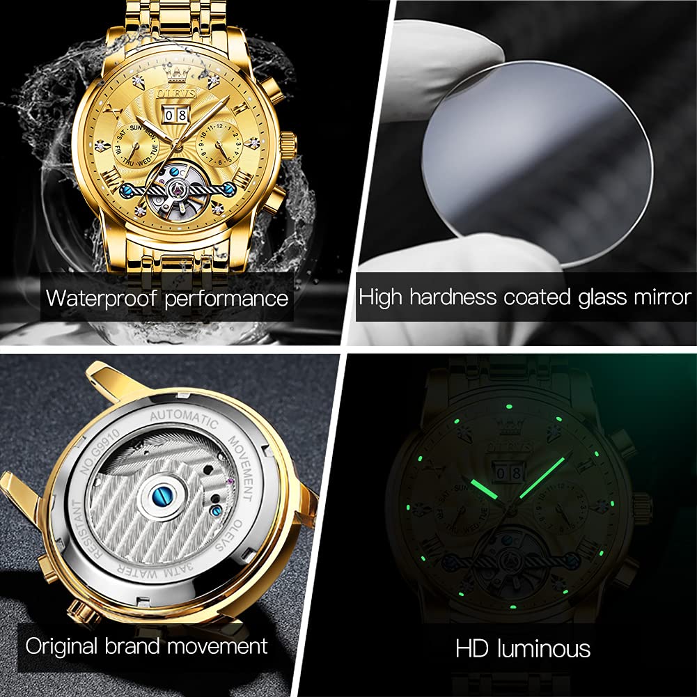 OLEVS Automatic Gold Watches for Men - Luxury Stainless Steel Chronograph with Date Display, Luminous Hands, 50M Waterproof - Perfect for Business, Formal Events & Daily Wear