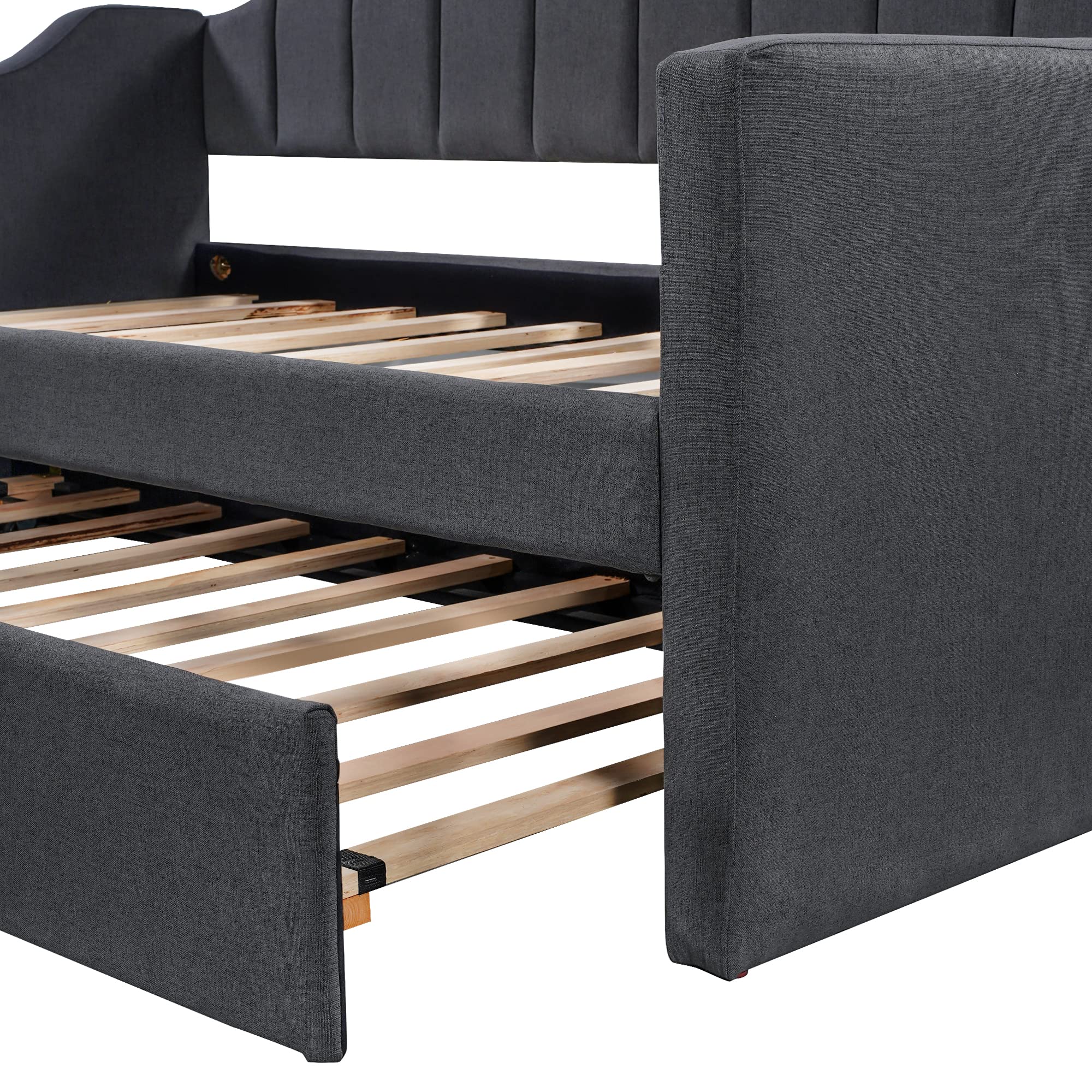 SOFTSEA Twin Daybed with Trundle - Upholstered Sofa Bed with Wood Frame & Swooping Arms, No Box Spring Needed - Perfect for Guest Rooms, Small Spaces & Dorm Rooms (Black)