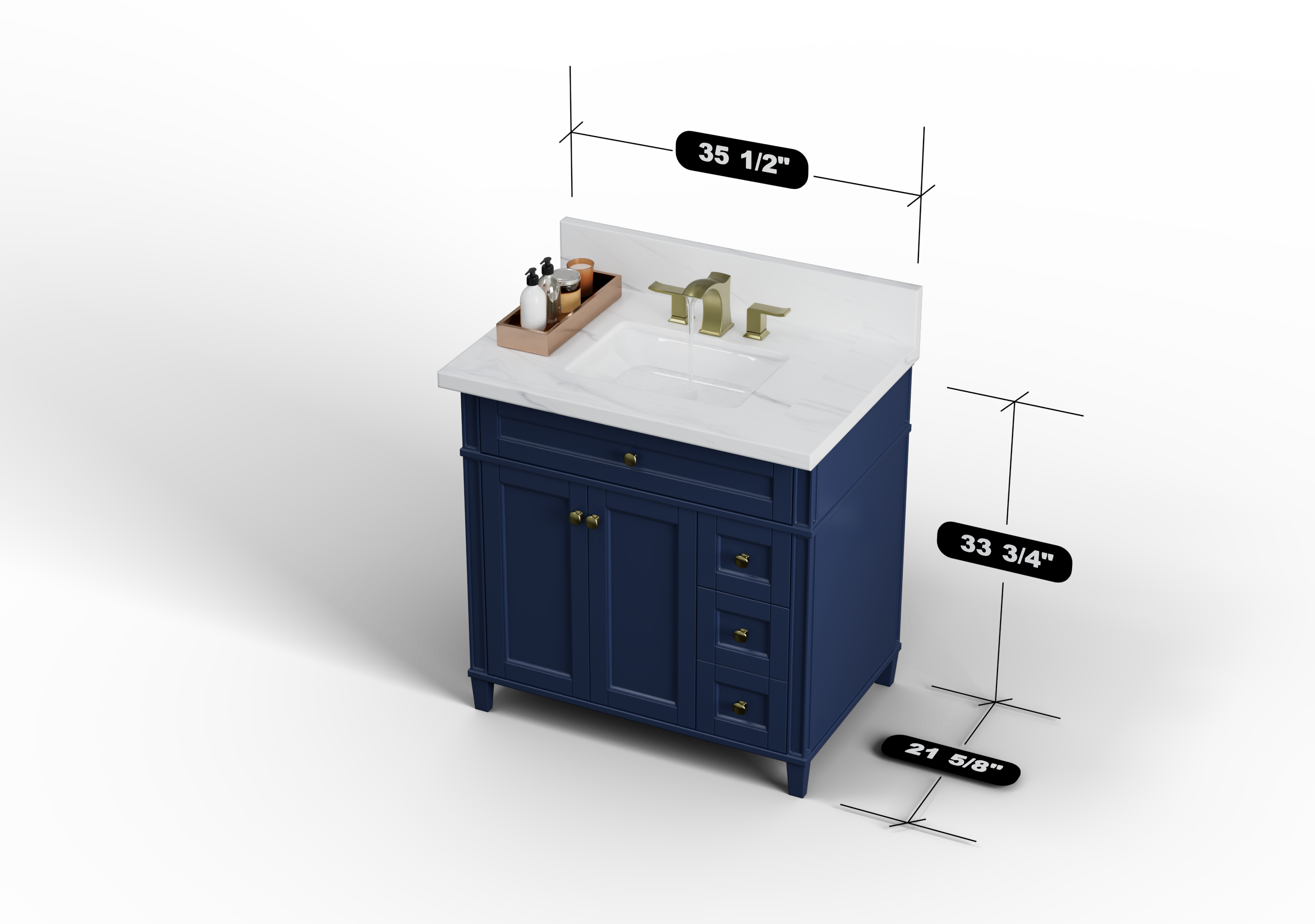 Kensington 35.5 Inch All-Wood Navy Blue Right Drawer Vanity Cabinet - Perfect for Bathroom Storage & Organization