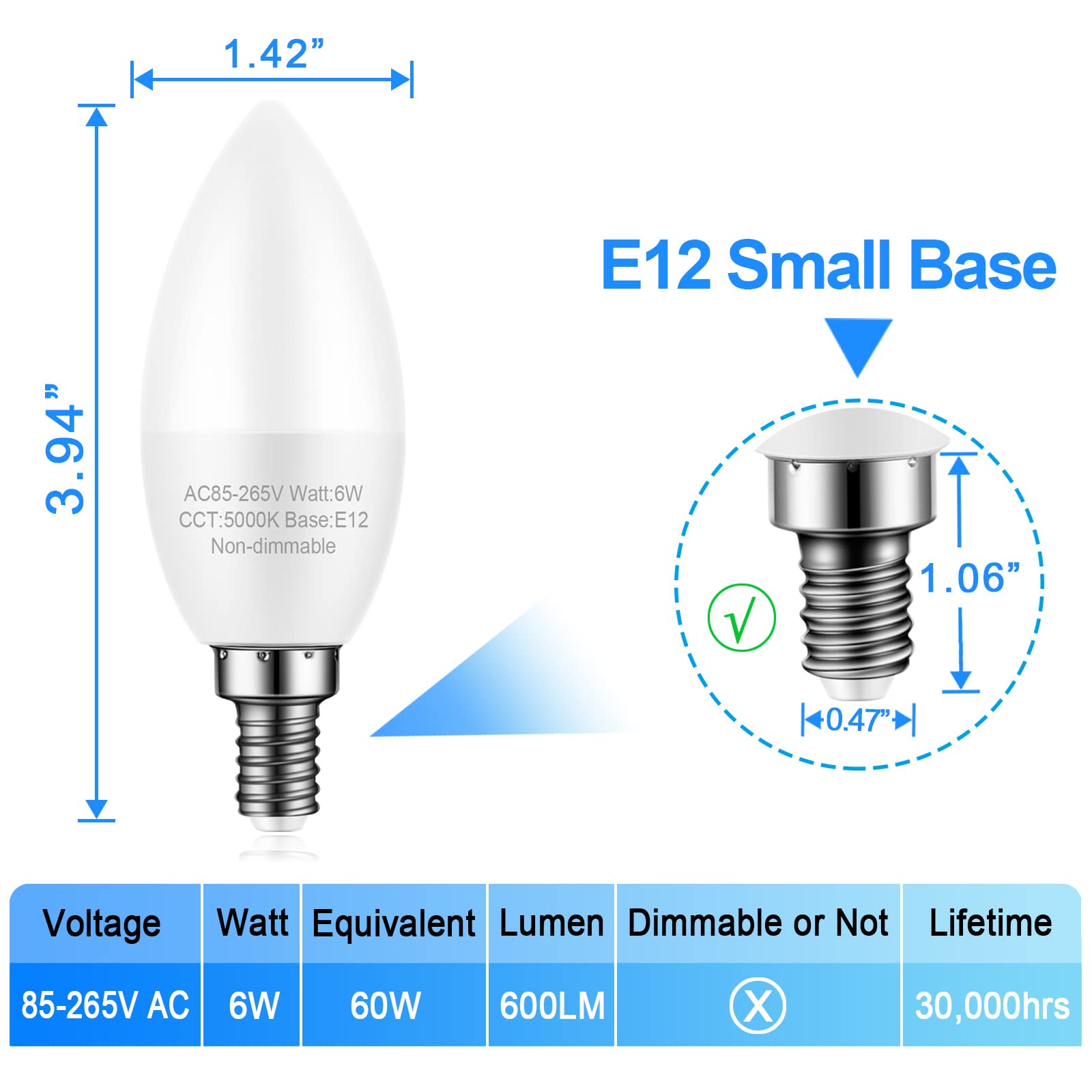 8 Pack E12 LED Candelabra Light Bulbs - 60W Equivalent, 5000K Daylight White, Small Base Type B for Ceiling Fans & Chandeliers - Non-Dimmable 120V - Perfect for Bedroom, Living Room & Dining Room Lighting