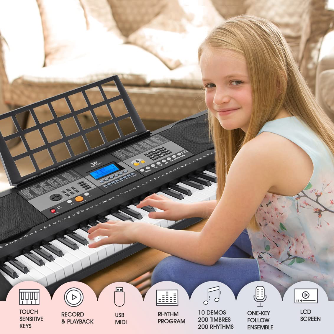 MUSTAR 61 Key Digital Piano Keyboard with Stand - Touch Sensitive Keys for Beginners, Includes Headphones & Microphone - MP3/USB/LCD Screen - Perfect for Home Practice, Music Lessons & Holiday Gifts