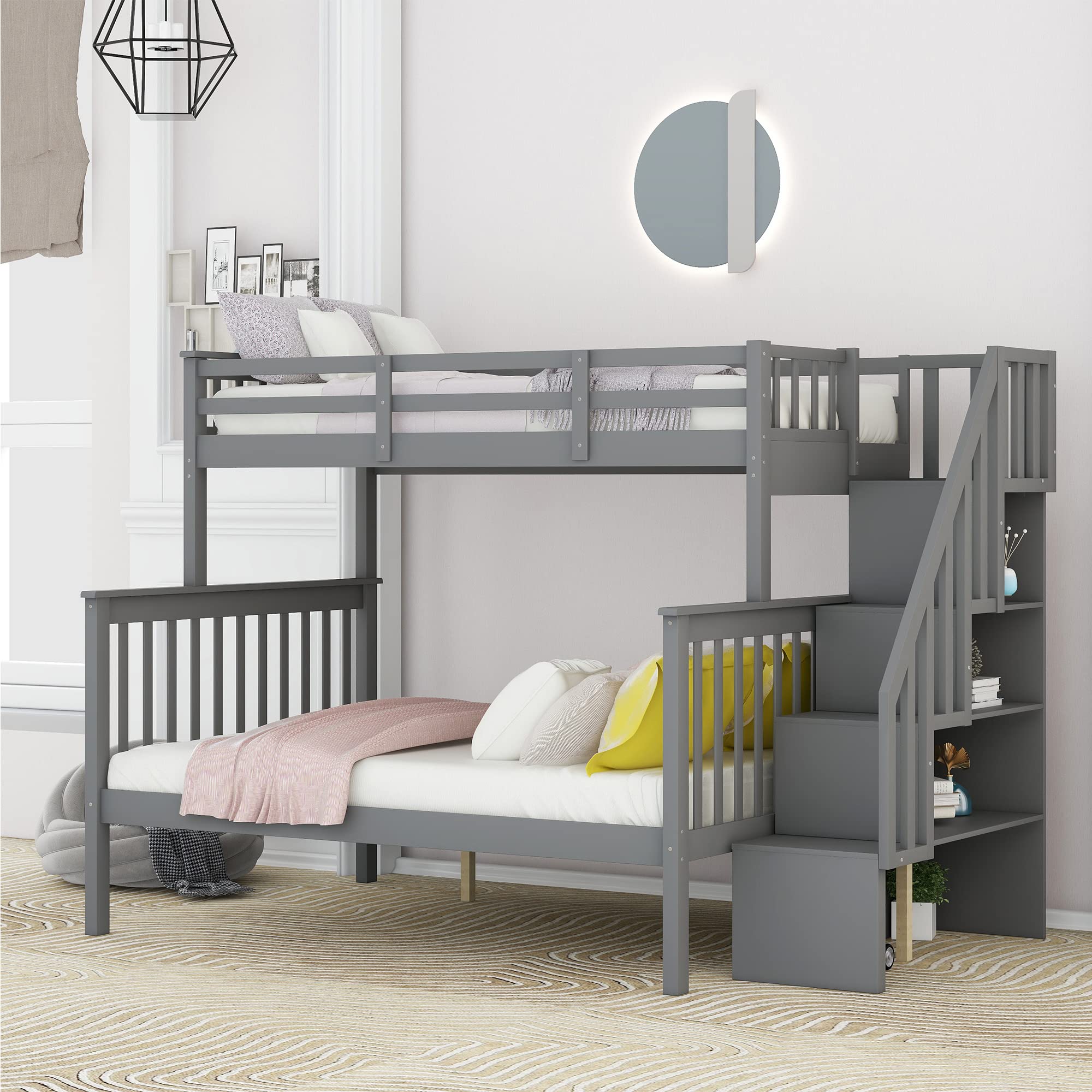 MERITLINE Twin Over Full Bunk Bed with Staircase & Storage - Space-Saving Grey Bunk Bed Frame for Kids & Teens - Convertible Design for Small Rooms, Dorms, and Shared Bedrooms