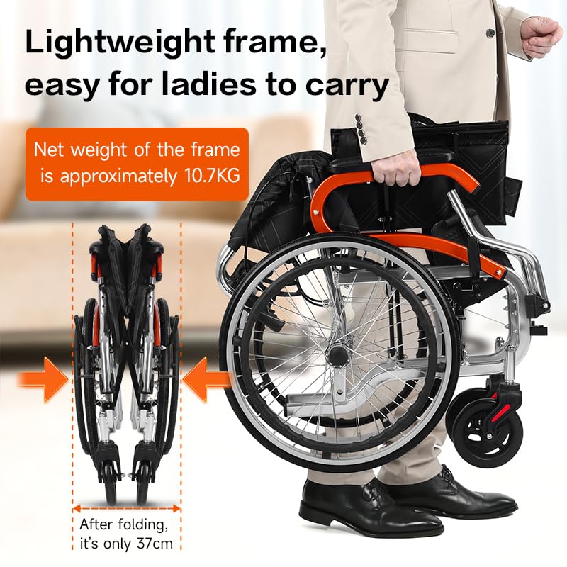 Ultra-Light Portable Folding Wheelchair with Handbrake - 20 Inch Wheels Aluminum Manual Wheelchair for Seniors & Adults - Indoor/Outdoor Use for Travel, Shopping & Daily Mobility