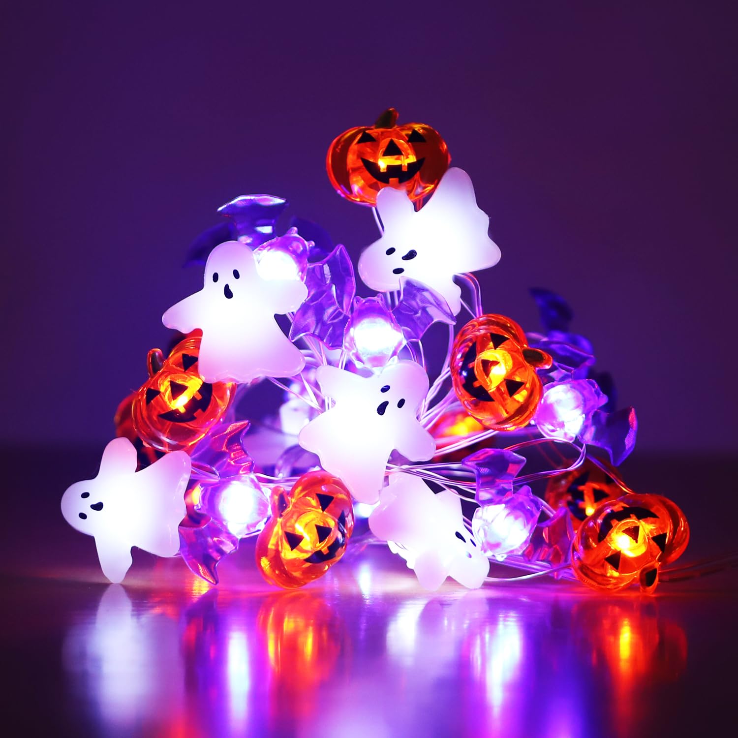 30 LED Halloween String Lights - White Ghost, Purple Bat & Orange Pumpkin Design with Remote Control | Battery Operated Fairy Lights for Cosplay Party, Gothic Halloween Decor | Perfect for Indoor/Outdoor Halloween Party, Home Decoration & Spooky Night Lighting