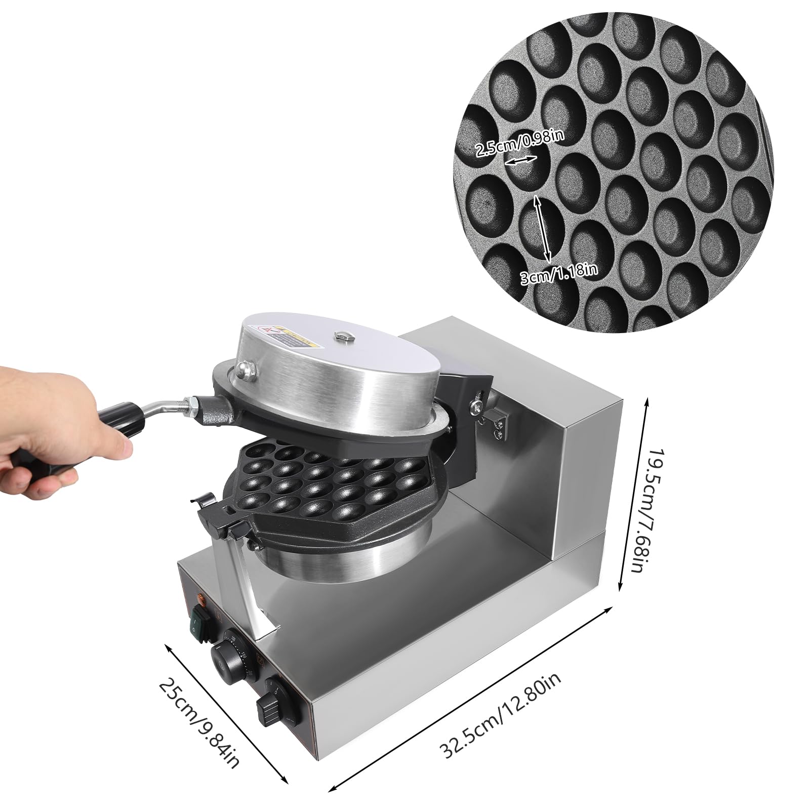 Commercial Bubble Waffle Maker 1300W - 180° Rotatable Dual Non-Stick Pans - Stainless Steel Egg Puff Iron with Adjustable Temp (50-300°C/122-572°F) - Perfect for Cafes, Food Trucks & Home Breakfast