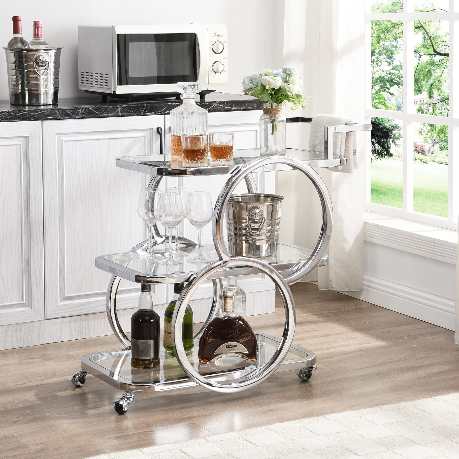 3-Tier Rolling Bar Cart with Wheels - Chrome Mobile Kitchen Serving Cart for Home, Dining Room & Living Room - Perfect for Parties, Entertaining & Beverage Storage