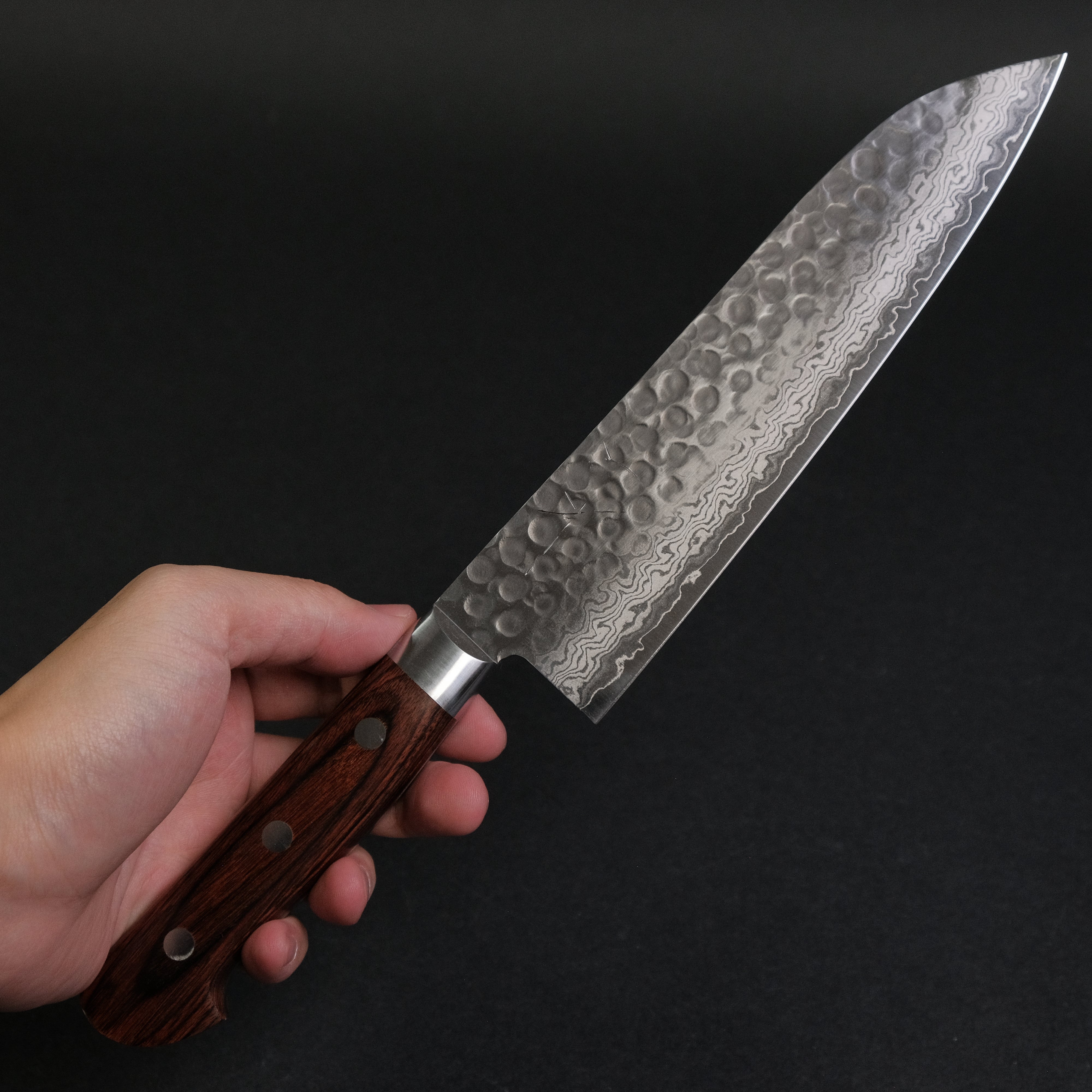 Hitohira HG Tsuchime Damascus Santoku Knife 185mm - Japanese Chef Knife with Imitation Mahogany Handle - Perfect for Slicing, Dicing, and Chopping Vegetables, Meat, and Fish