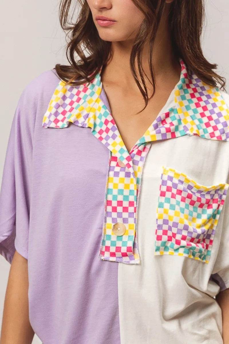 Stylish BiBi Color Block Knit Top with Multi Checker Contrast Design - Perfect for Casual Outings, Office Wear & Date Nights