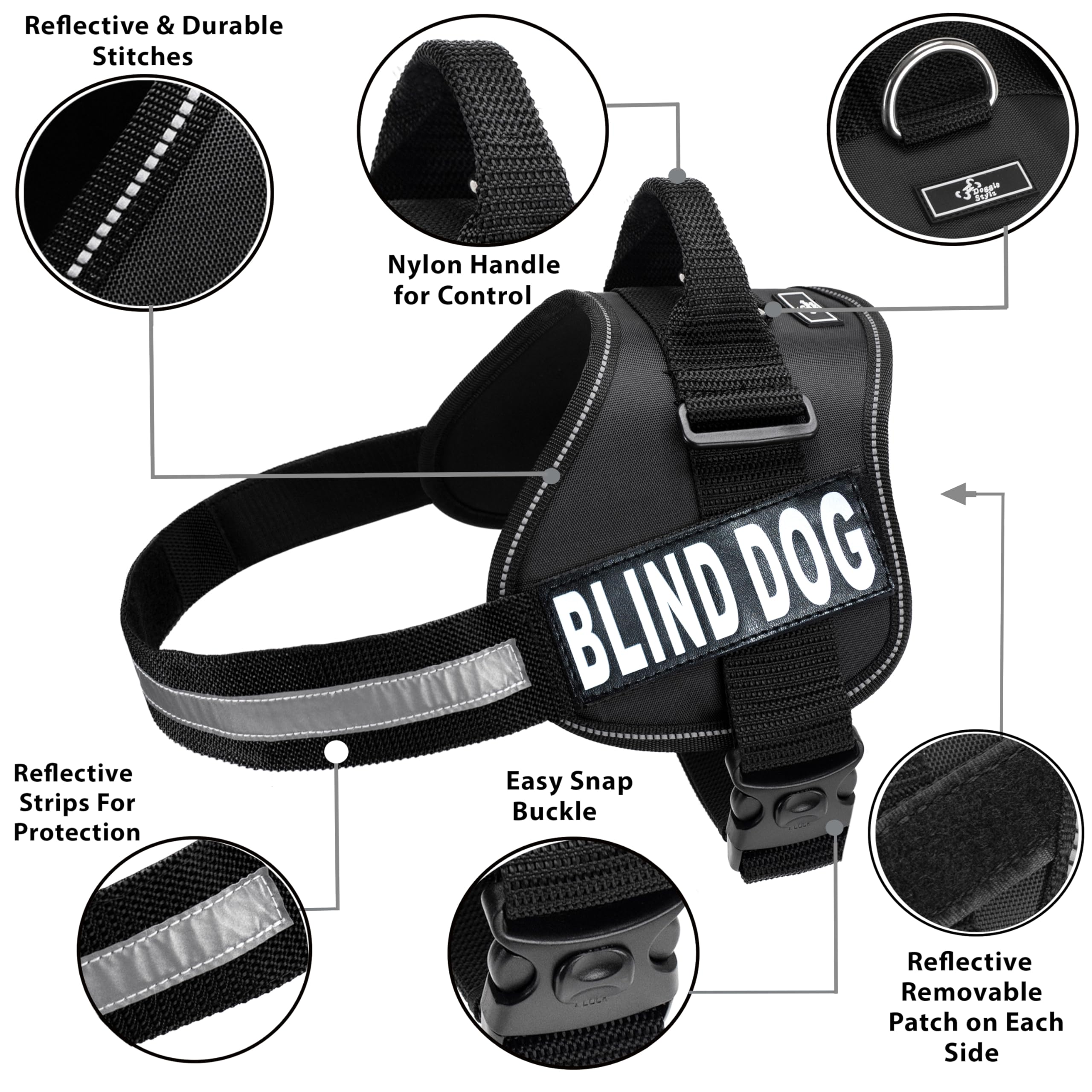 Blind Dog Vest Harness with Removable Reflective Patches - Adjustable Safety Harness for Visually Impaired Dogs (12