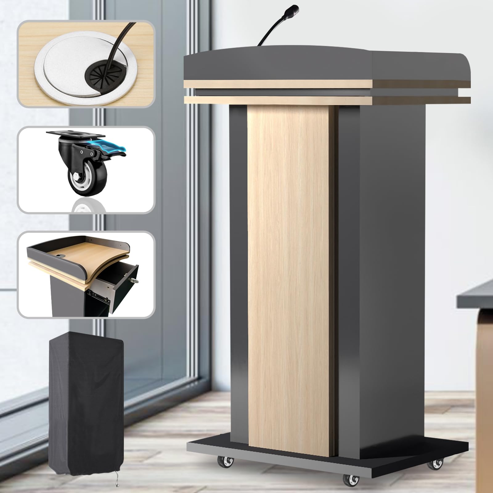 Mobile Wooden Podium Stand with Wheels & Lockable Drawer - Double-Layer Storage Pulpit for Churches, Classrooms & Conference Rooms - Includes Dust Cloth | Durable Rolling Lectern for Sermons, Presentations & Public Speaking Events