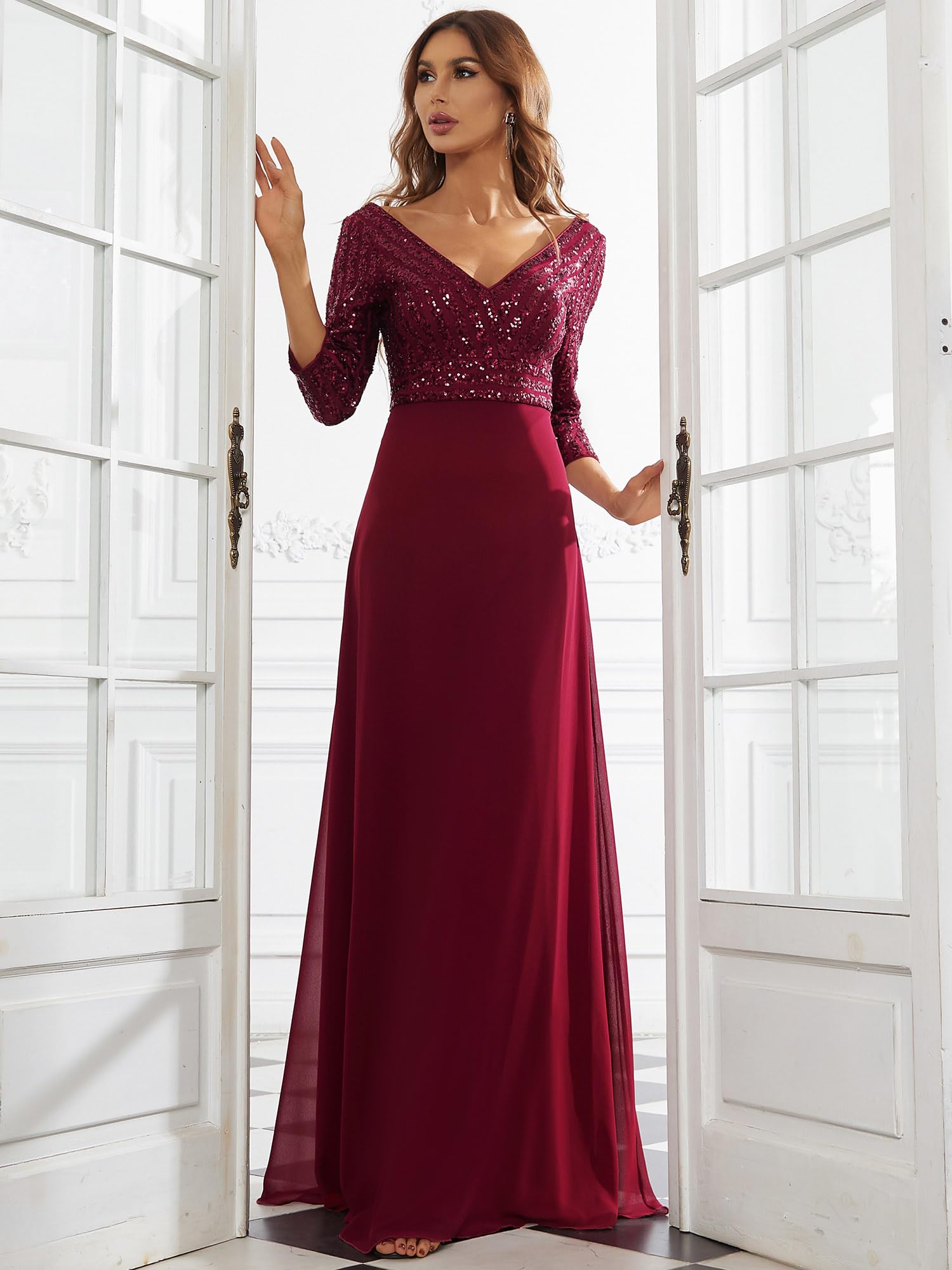 Ever-Pretty Women's Elegant V-Neck Long Sleeve Sequin Maxi Evening Dress - Formal Chiffon Gown for Prom, Wedding & Special Occasions