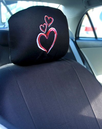 4XL Pink Heart Logo Car Accessories Set - Headrest Covers, Black Cloth Seat Covers & Steering Wheel Cover | Universal Fit for Cars, SUVs & Trucks | Valentine's Day Gift & Car Interior Decor