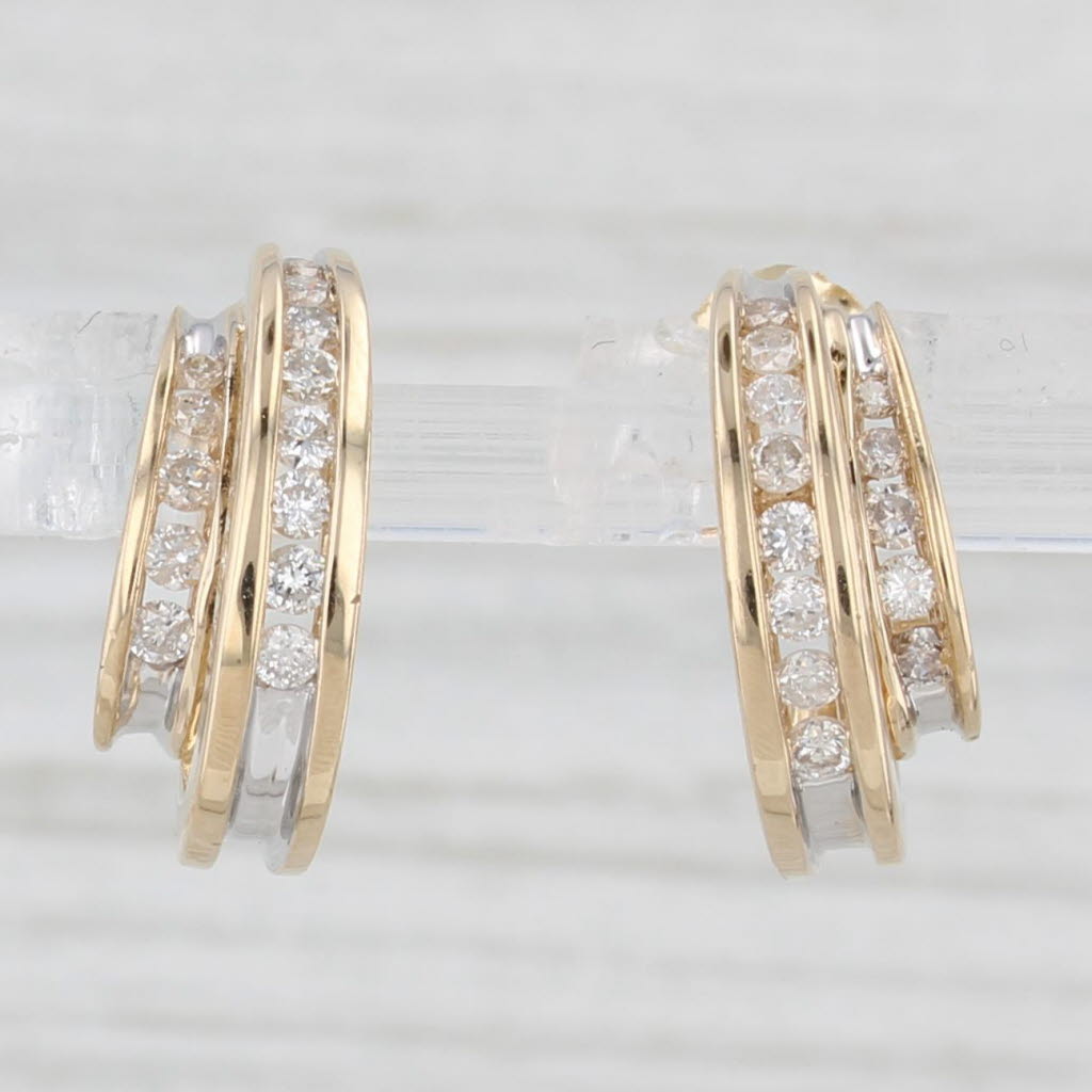0.48ctw Diamond J Hook Double Hoop Earrings 14k Yellow Gold - Small Drop Dangle Earrings for Women - Perfect for Weddings, Parties & Everyday Wear