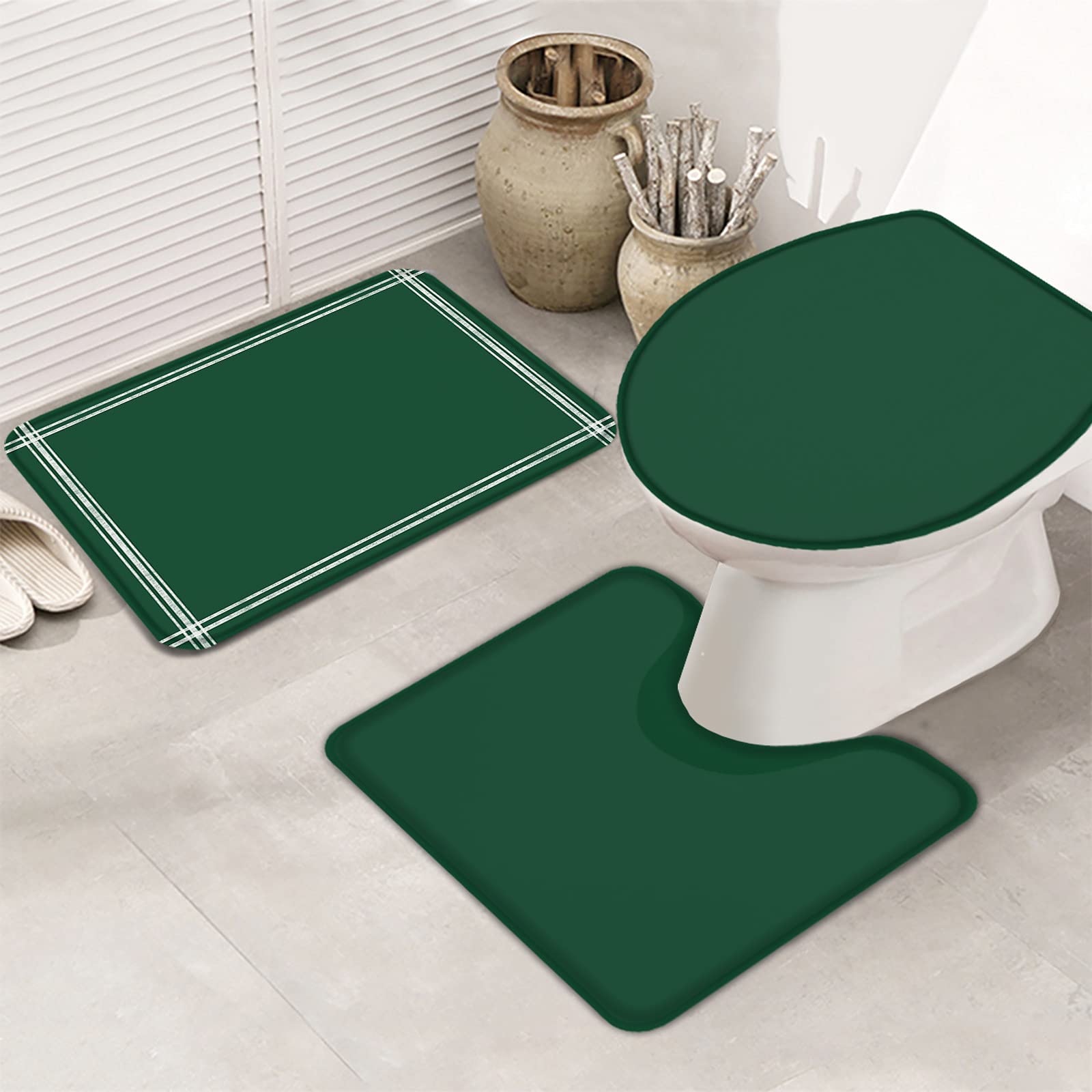 3-Piece Modern Olive Green Bathroom Rug Set - Non-Slip Bath Mat, Contour Mat & Toilet Lid Cover | Absorbent Shower Mats for Safety & Comfort | Minimalist Style Bath Accessories for Home, Apartment & Spa