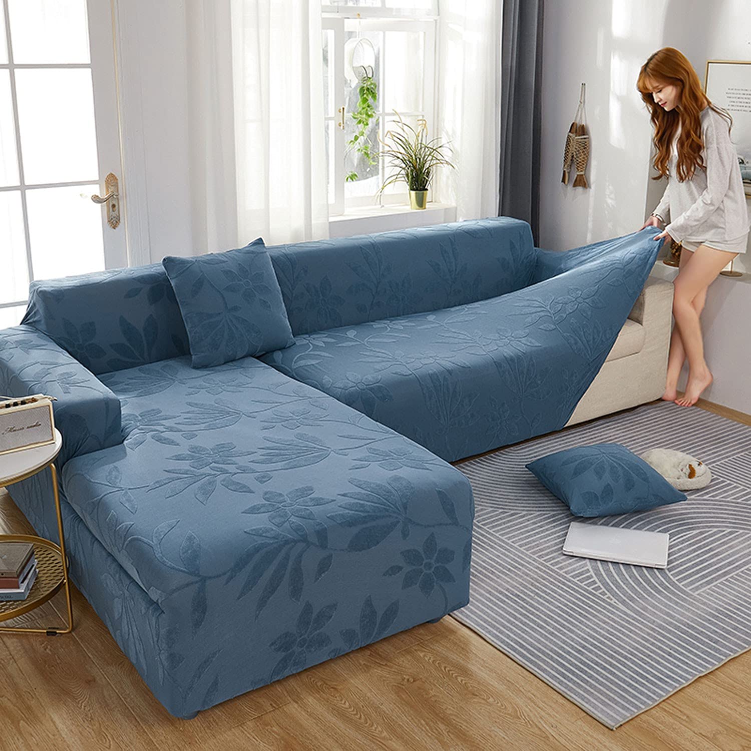 Stylish Stretch Sectional Sofa Cover - 2 Piece L-Shaped Couch Slipcover with Pillowcases | Pet & Kid Friendly Furniture Protector for Chaise Lounge | Perfect for Living Room, Family Room & Home Theater (Blue)
