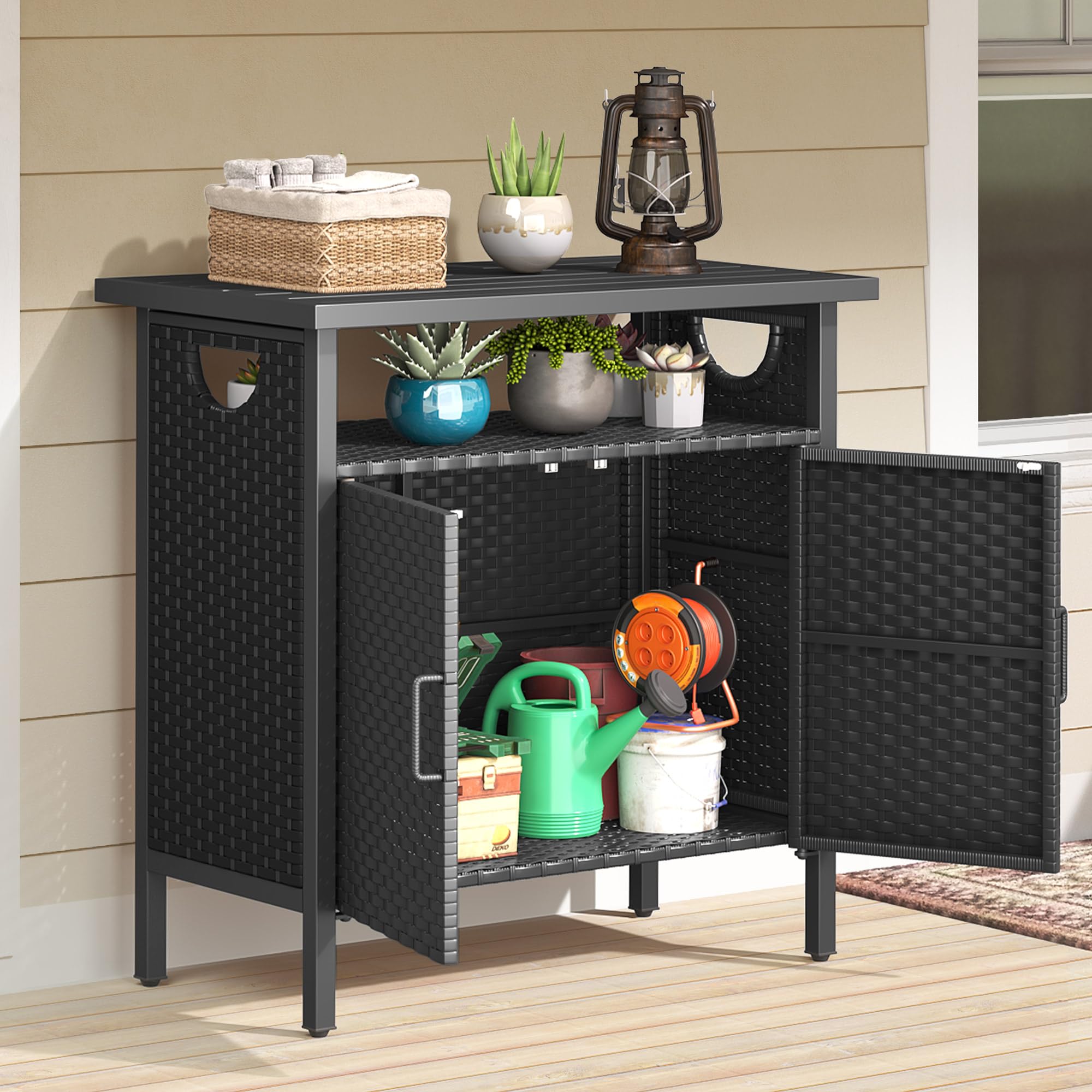 YITAHOME Black Outdoor Storage Cabinet - Patio Deck Bench with Wicker Design, Multi-Purpose Storage Console for Cushions, Pool Toys & Garden Supplies | Perfect for Backyard, Poolside & Patio Organization