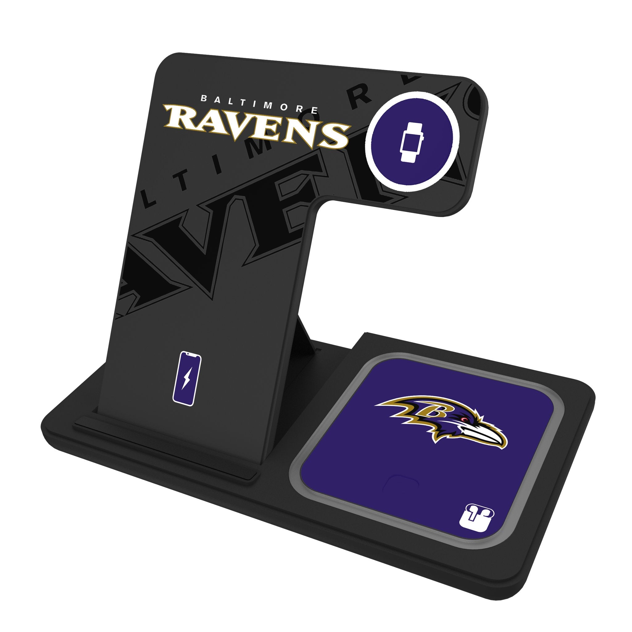 Baltimore Ravens Monocolor Tilt 3-in-1 Charging Station for iPhone, Android & AirPods | Fast Wireless Charger for Bedroom, Office & Travel
