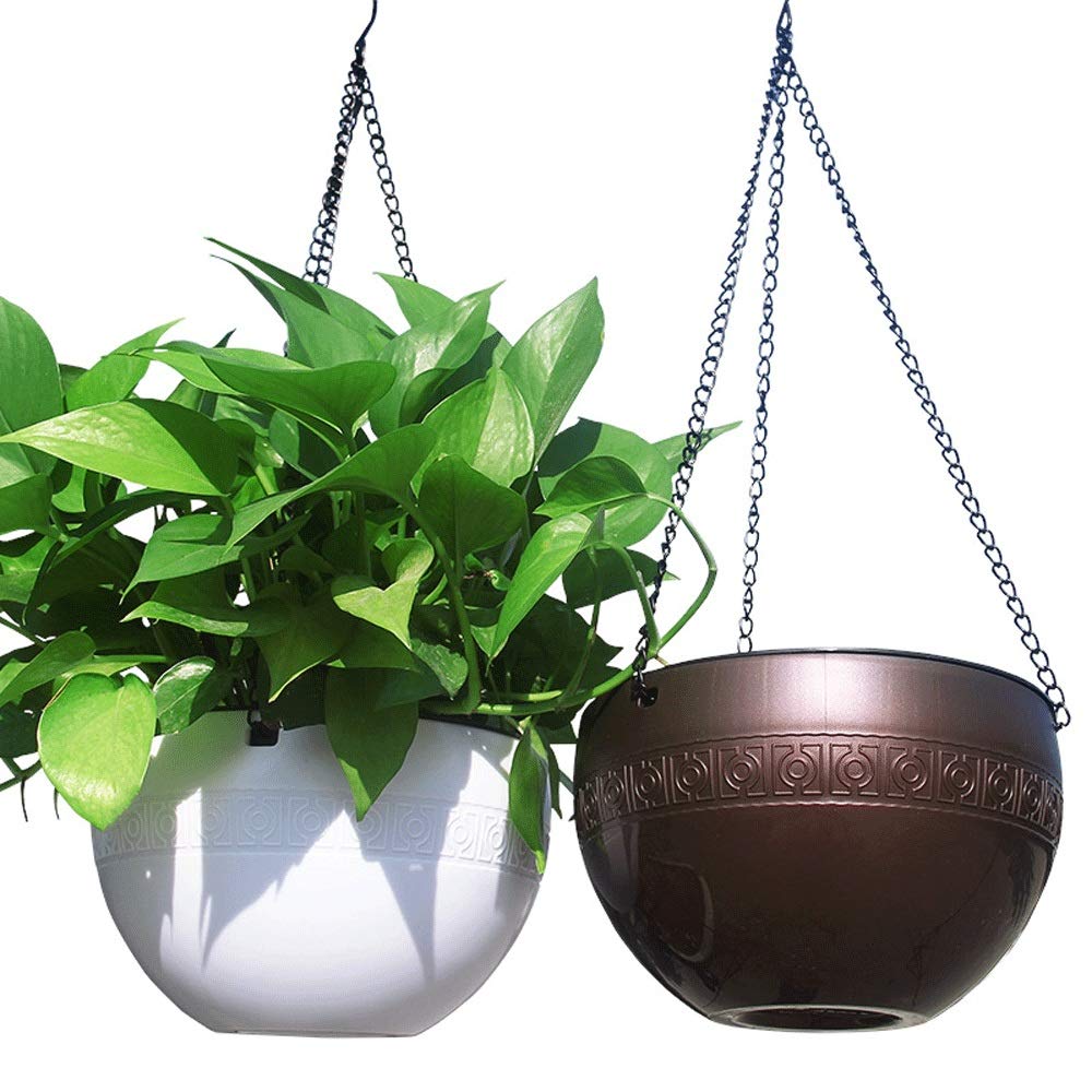 2 Pack Self-Watering Hanging Flower Pots with Chains - Indoor/Outdoor Plant Hangers for Windowsill Decor (White & Coffee) - Perfect for Succulents, Herbs & Small Plants in Living Rooms, Balconies & Patios