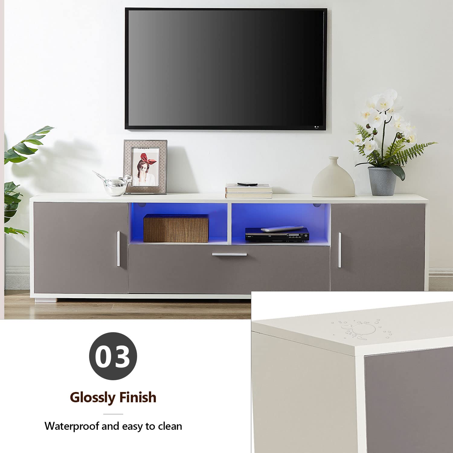 Modern TV Stand for 65+ Inch TVs - Quick 20-Minute Assembly LED Entertainment Center with Storage Cabinet, High Glossy Media Console Table for Living Room - Perfect for Home Theater Setup, Gaming, and Family Movie Nights