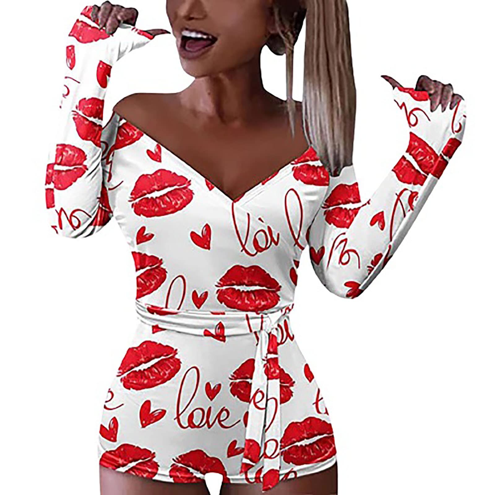 Women's Casual Bandage Long Sleeve V-Neck Graphic Jumpsuit - Trendy One Piece Overalls for Everyday Wear, Date Night & Street Style Fashion