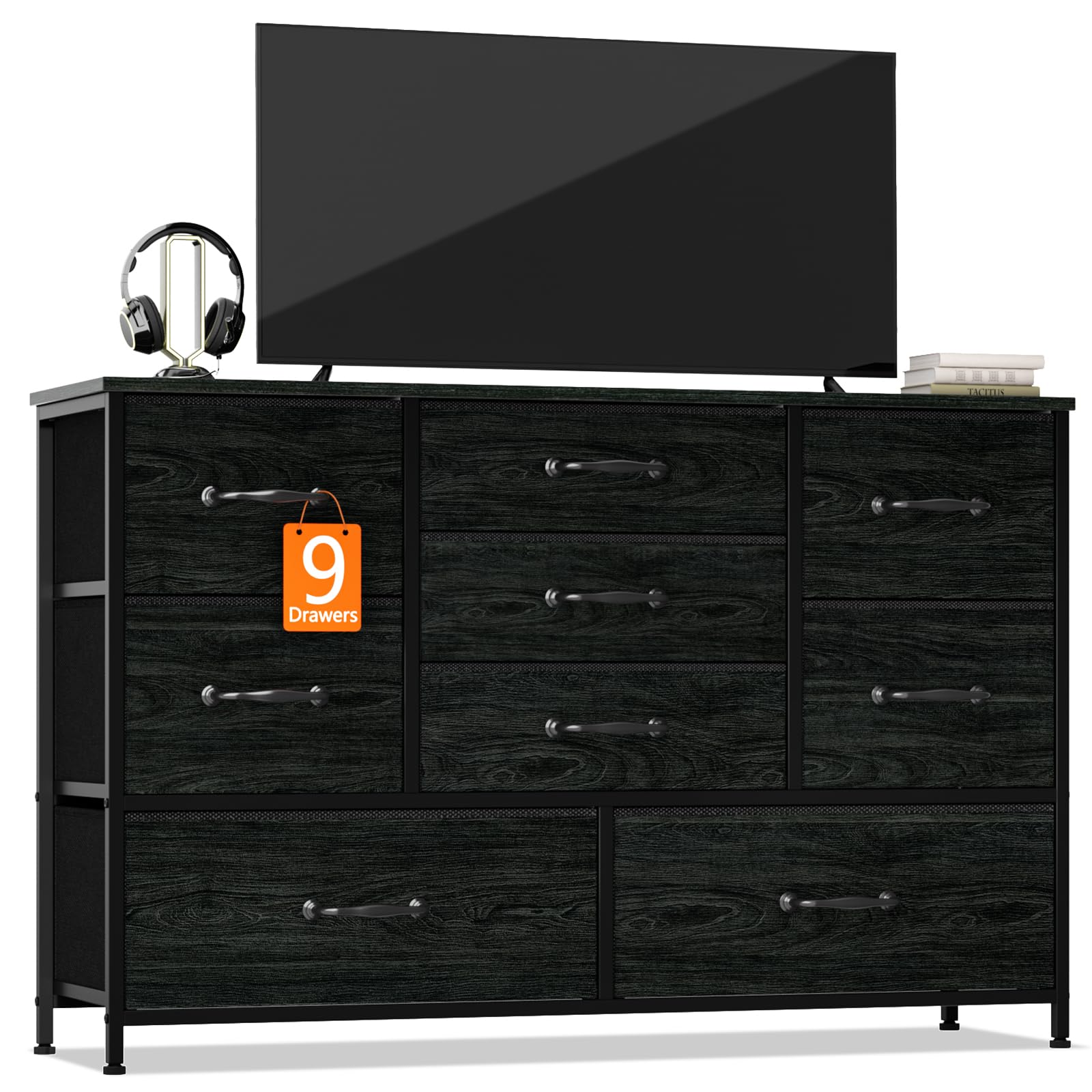 Furnulem 55'' Wide Dresser with 9 Large Drawers - Solid Wood TV Stand Entertainment Center with Sturdy Metal Frame, Black Oak Finish - Perfect for Bedroom Storage, Dorm Room Organization, Closet Space & Entryway Furniture - Ideal for TV Placement, Clothing Storage & Home Decor