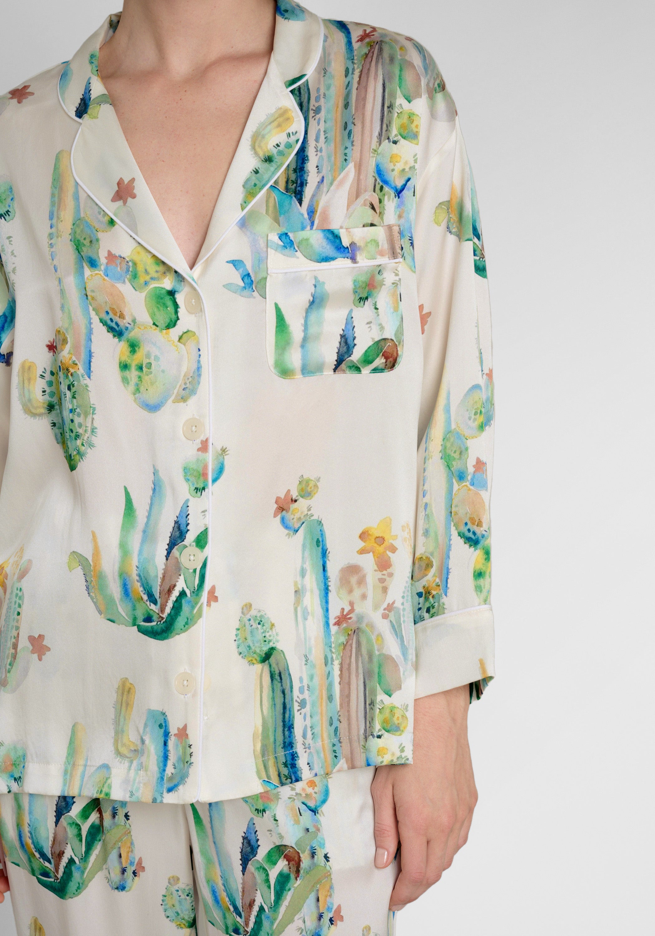 Washable Silk Marina Pajama Set - Cacti Watercolor Print Women's Sleepwear | Soft & Breathable Pajamas for Lounge, Sleep & Relaxation at Home