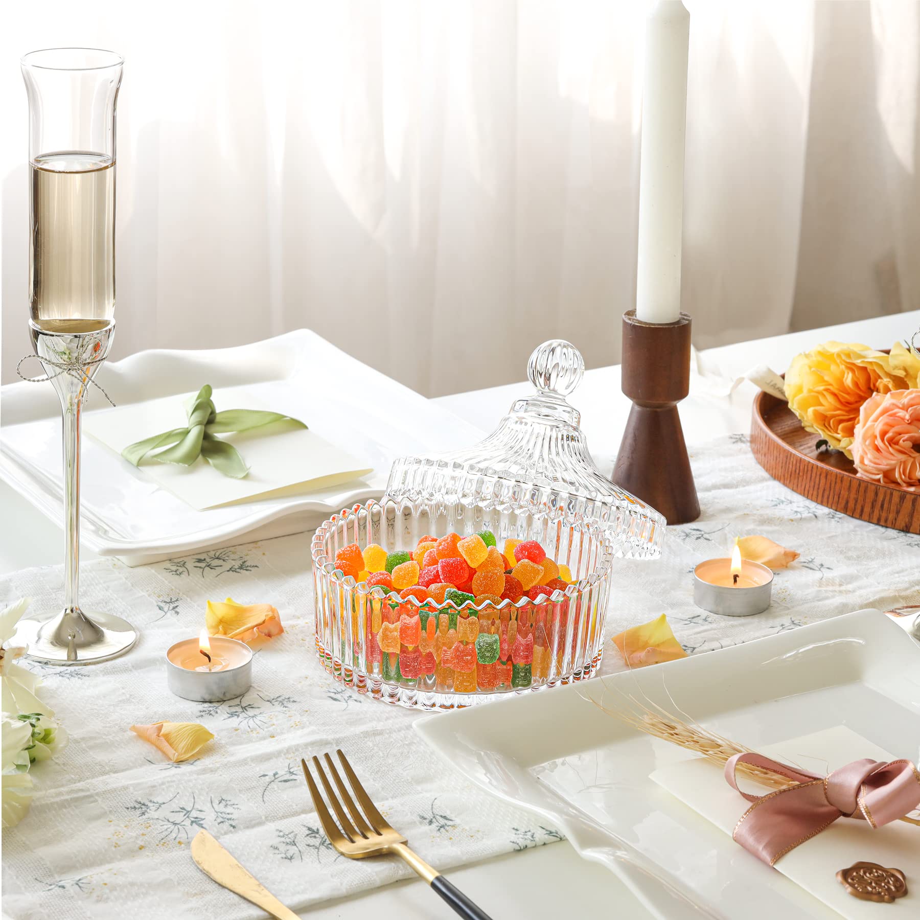 ComSaf 3-Piece Glass Candy Dish Set with Lid - Decorative Crystal Candy Jar for Home, Office, Desk | Perfect for Parties, Weddings & Gift Giving