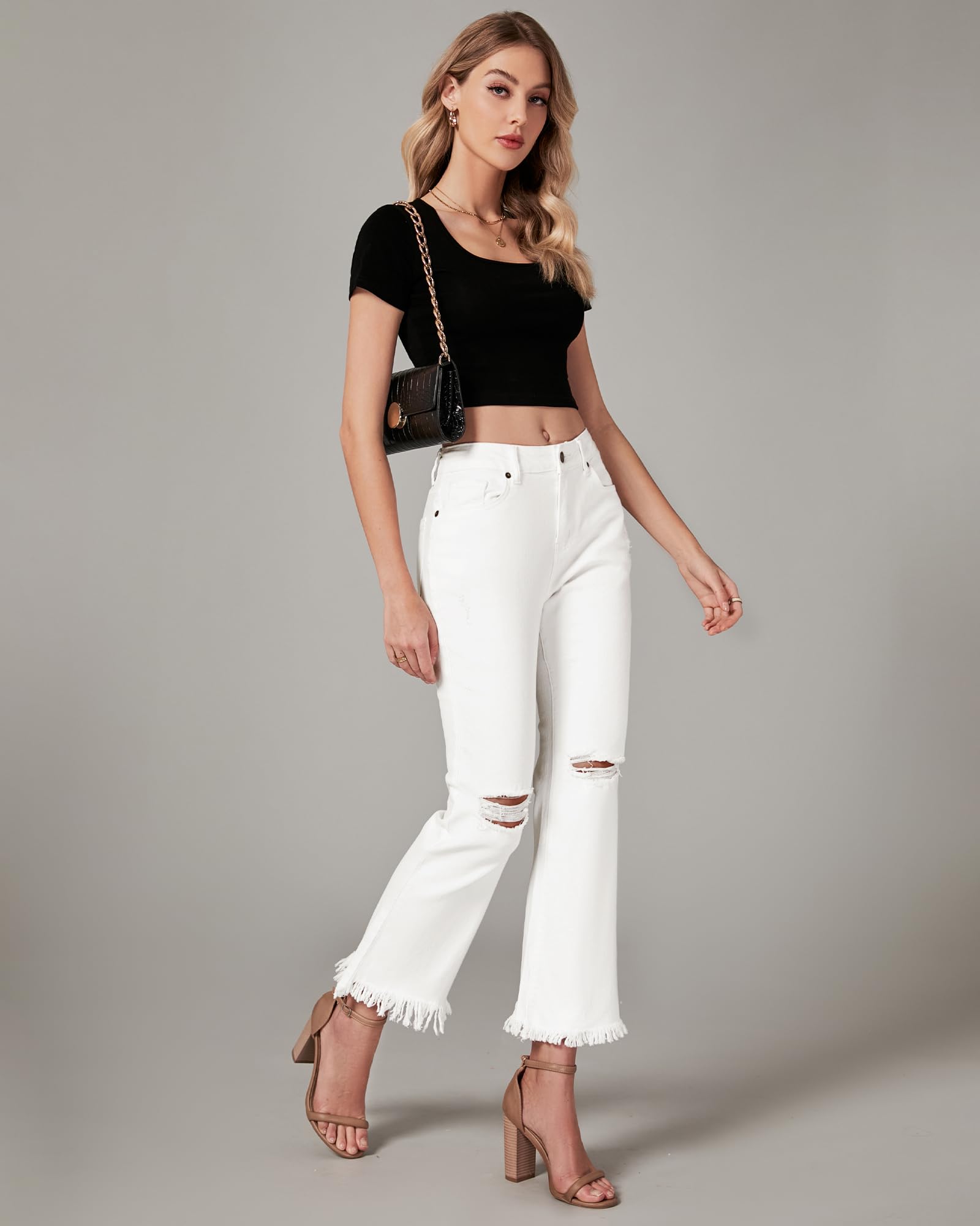 GRAPENT Women's Flare Jeans - High Waisted Cropped Ripped Denim Pants with Stretchy Wide Leg & Raw Hem | Trendy Ankle Jeans for Casual Outfits, Date Night & Street Style