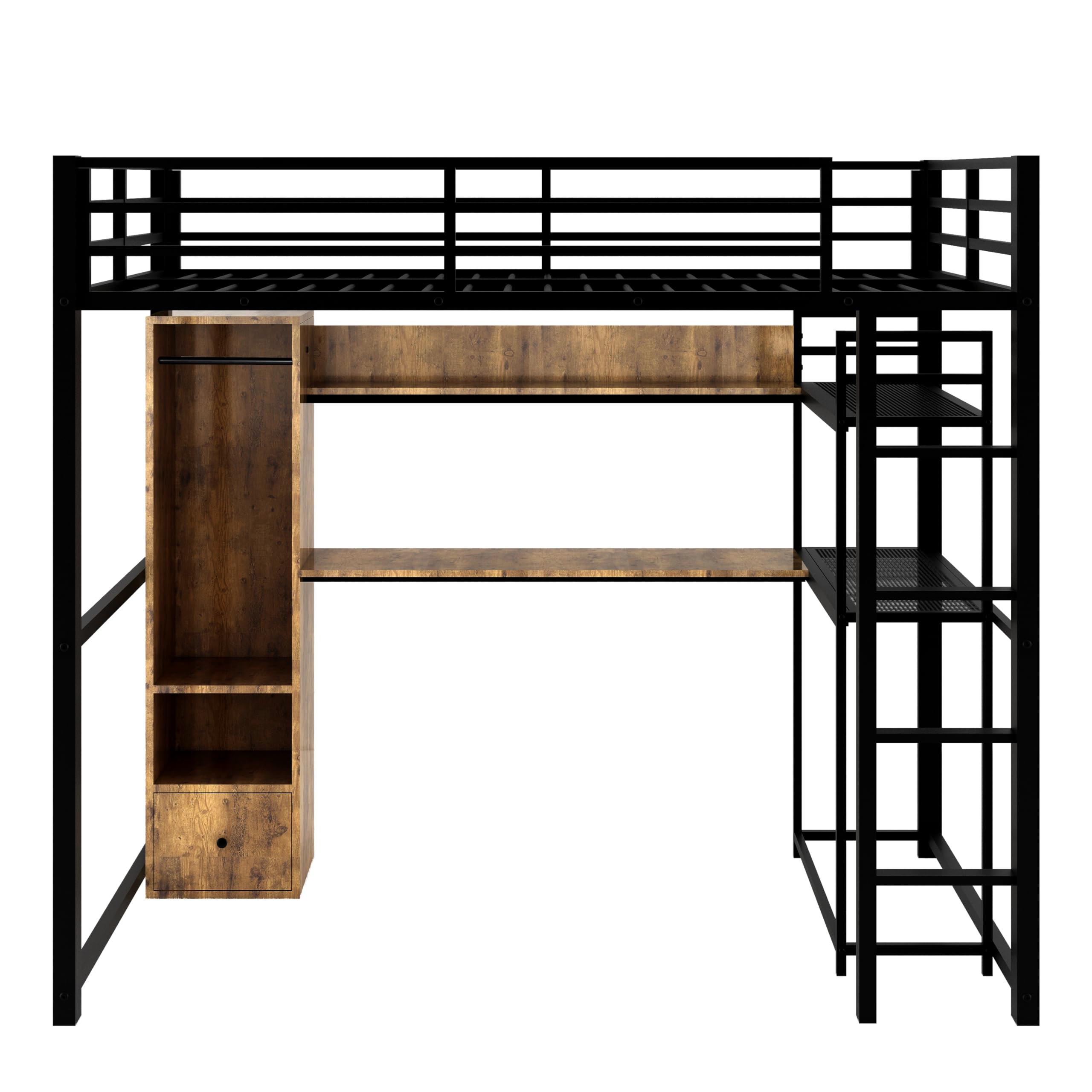 Full Size Loft Bed with Desk & Wardrobe - Heavy Duty Metal Loft Bed with Storage Shelves & Drawers - Space Saving Black Loft Bed with Bookshelf for Kids, Teens & Adults - Perfect for Small Bedrooms, Dorms & Studio Apartments