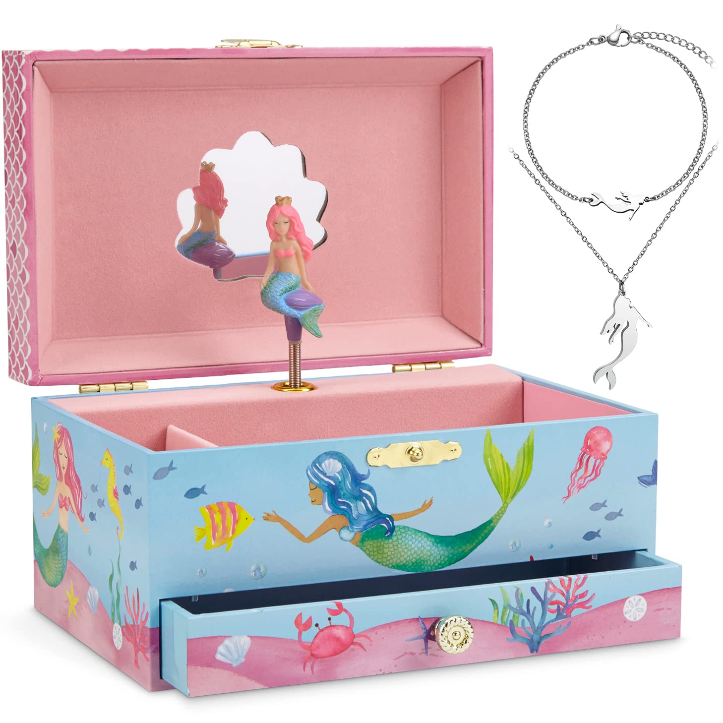Mermaid Music Jewelry Box for Girls - 3-Piece Mermaid Jewelry Gift Set with Music Box, Necklace & Bracelet - Perfect for Birthday Gifts, Christmas Presents & Little Mermaid Lovers