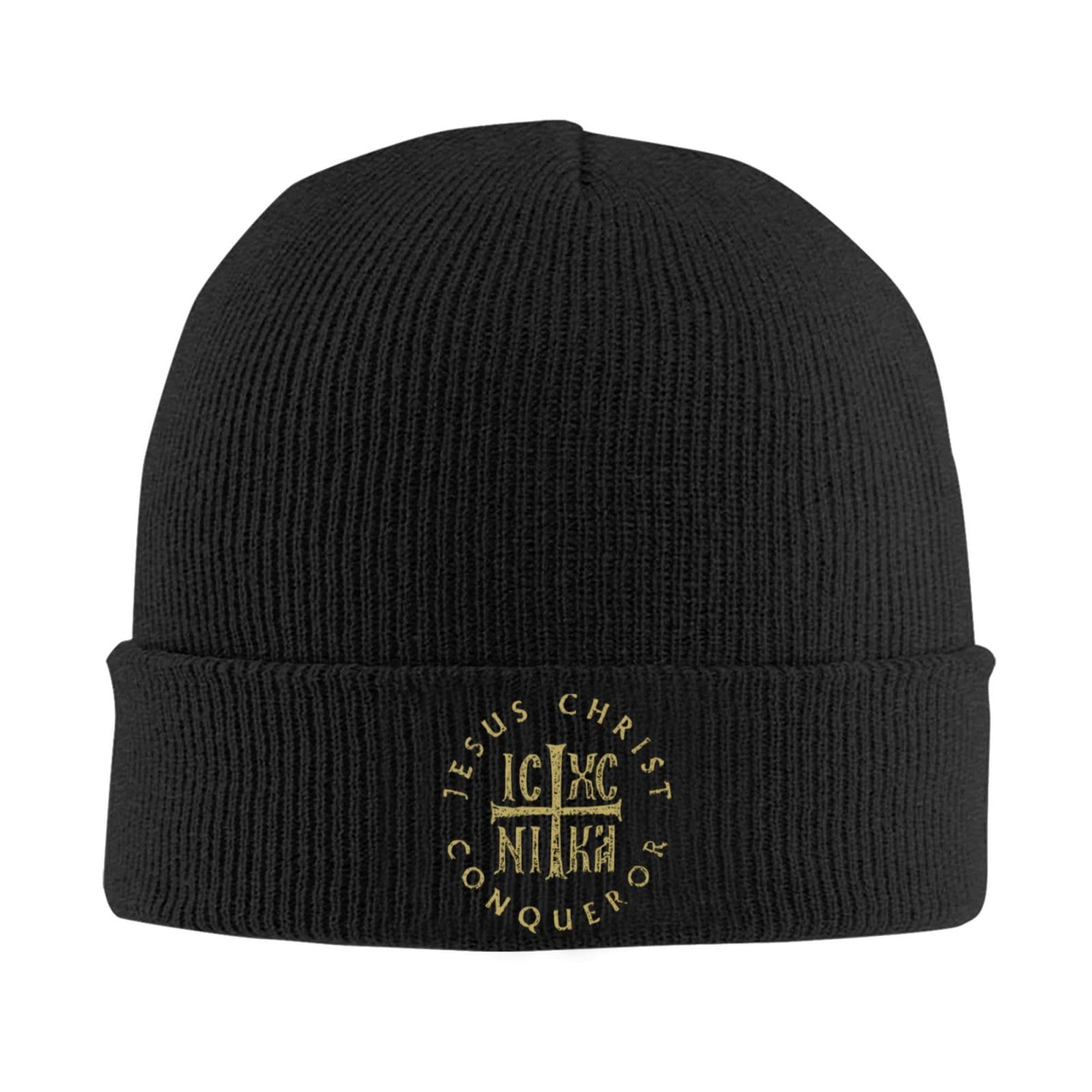 Orthodox Christian Jesus Christ Beanie Hat for Women & Men - Icxc Nika Cross Knit Skull Cap, Slouchy Winter Knitted Hat in Black - Perfect for Church, Prayer & Cold Weather