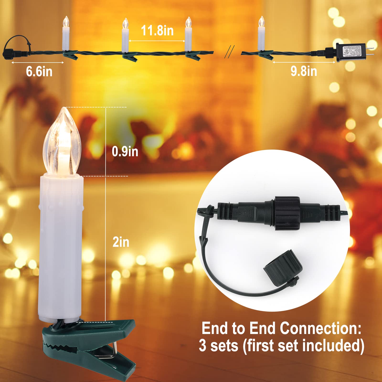 48FT 50 LED Christmas Candle String Lights - Connectable Flameless Candle Lights with Clips for Xmas Tree, Indoor & Outdoor Holiday Decoration (Warm White) - Perfect for Christmas, Weddings, Parties and Seasonal Celebrations
