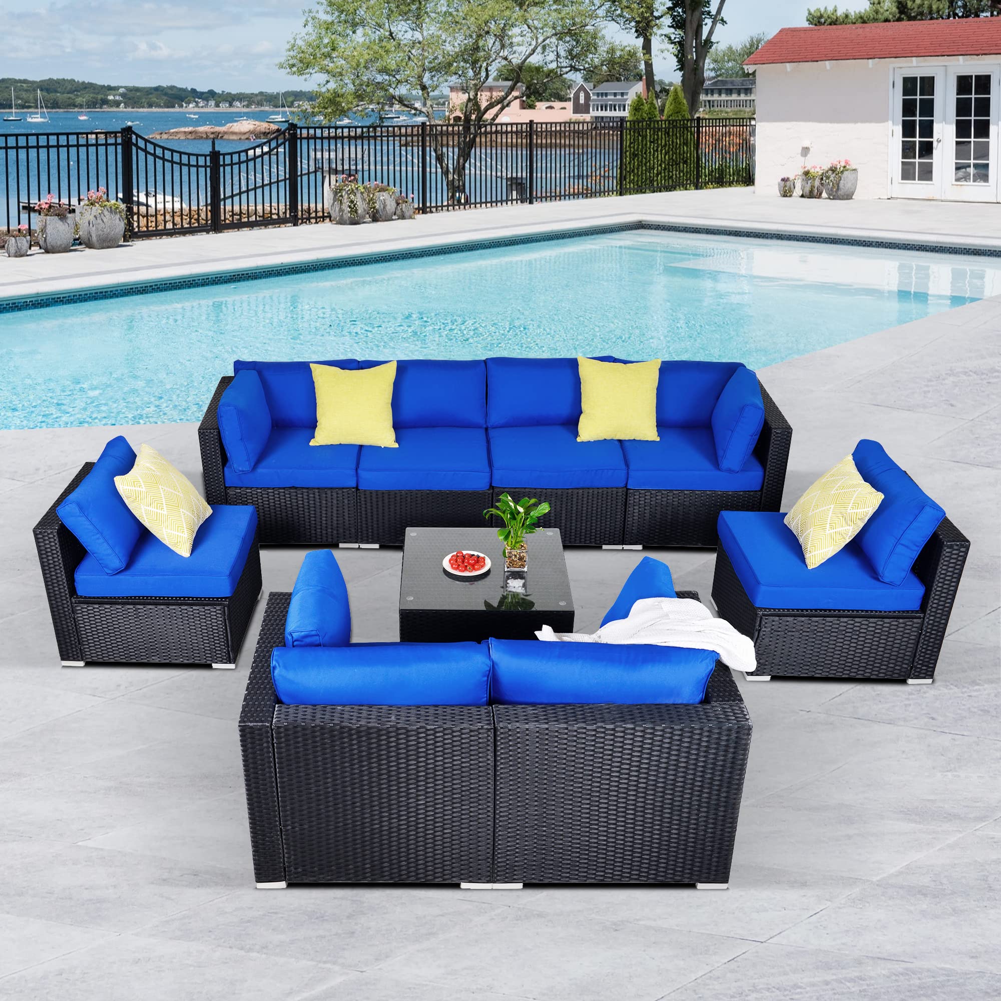 **SUNVIVI 9-Piece Outdoor Patio Furniture Set - All-Weather PE Wicker Sectional Sofa with Glass Table & Removable Cushions (Navy Blue) - Perfect for Backyard, Garden, Poolside & Patio Relaxation**