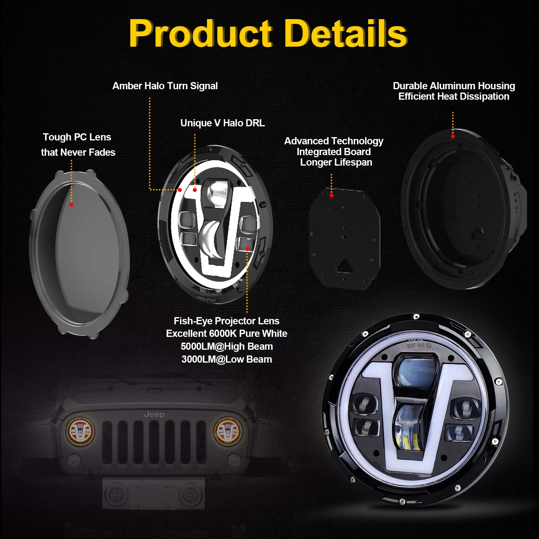 OVOTOR 7 Inch LED Headlights for Jeep Wrangler JK JKU TJ LJ CJ & Hummer H1 H2 - V-Shape White DRL with Amber Halo Turn Signal - Waterproof Off-Road Headlights for Night Driving & Adventure