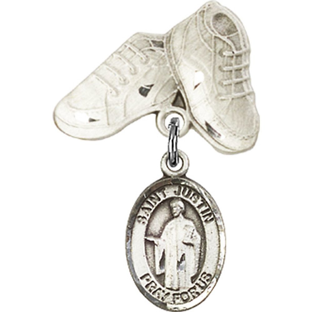 Sterling Silver Baby Badge with St. Justin Charm & Baby Boots Pin - 1 x 5/8 Inch Elegant Keepsake for Christening, Baptism & Newborn Gifts - Perfect for Baby Showers & First Holy Communion