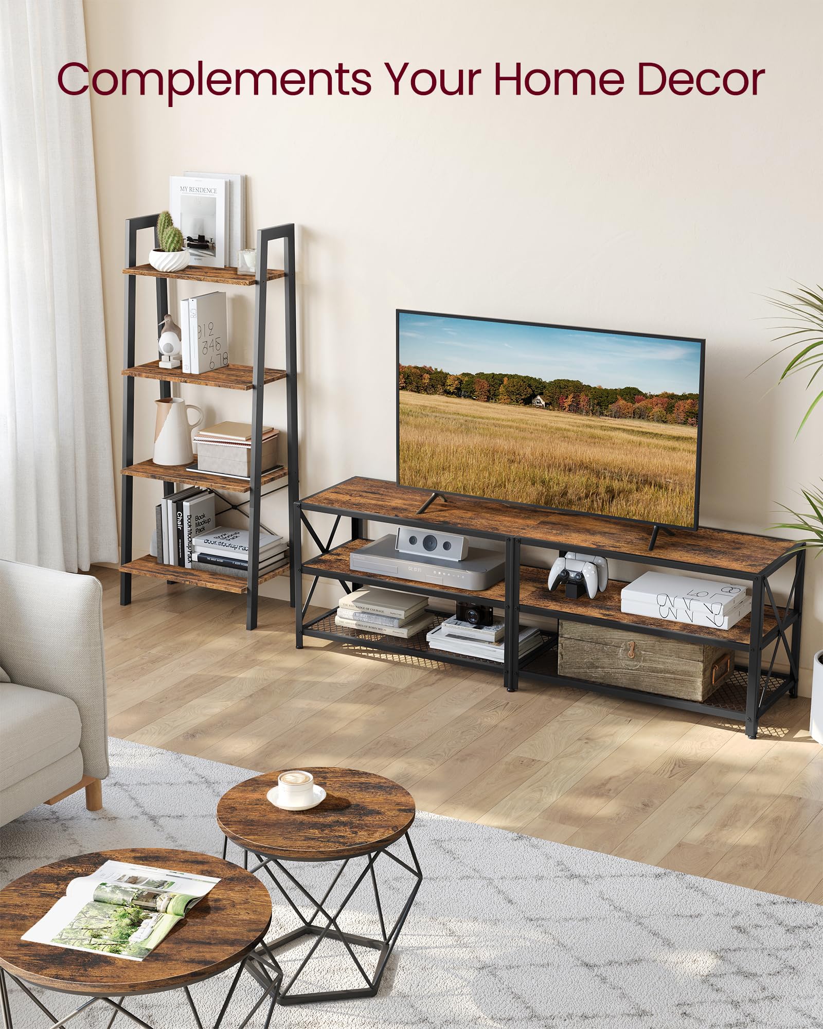 VASAGLE 70 Inch TV Stand with 3-Tier Shelves, Industrial Style TV Console Table with Steel Frame, Rustic Brown & Black Entertainment Center for Living Room - Perfect for Home Theater Setup & Media Storage