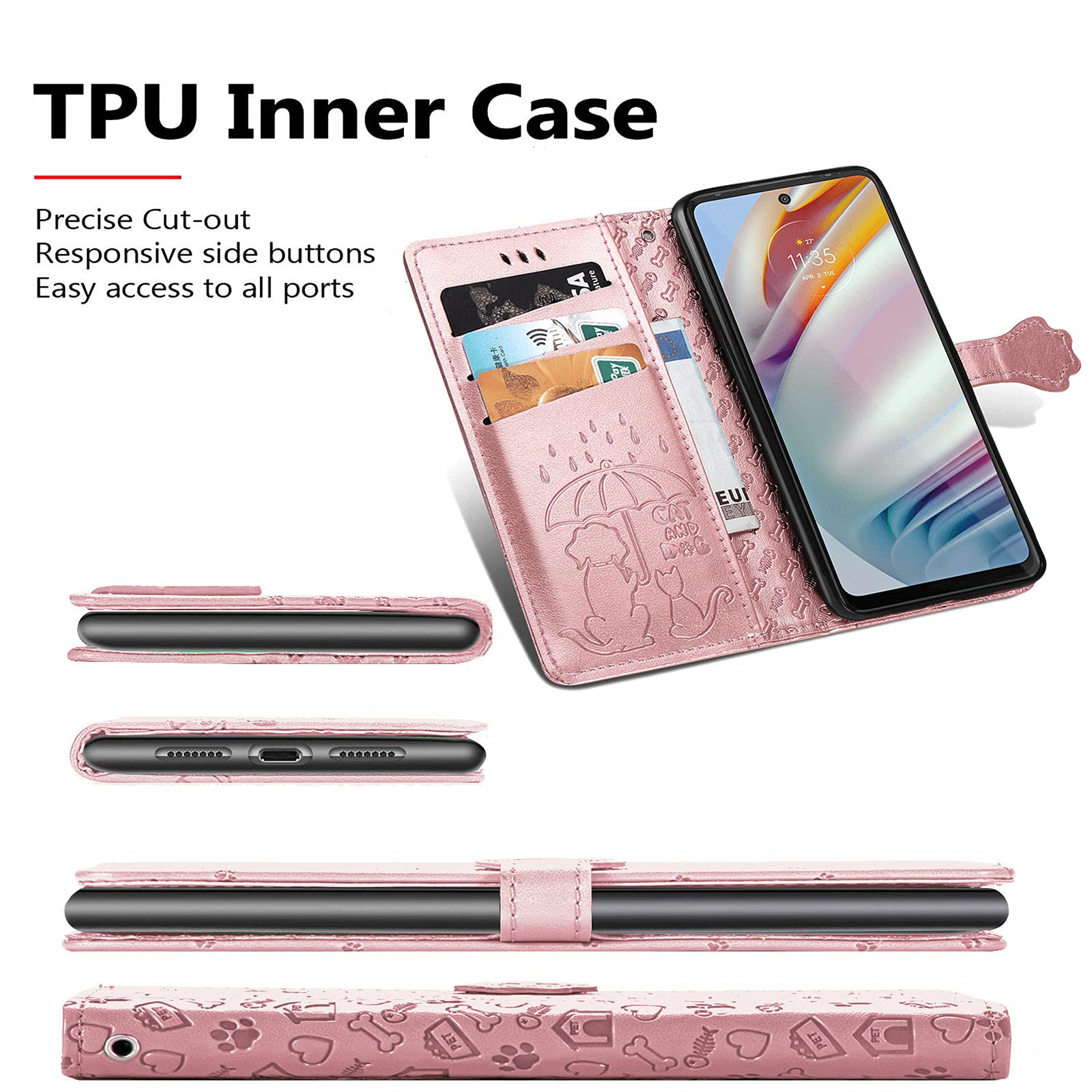 Cute Cartoon Wallet Case for Motorola Moto G60 - Cat & Dog Style Flip Phone Cover with ID Card Holder, PU Leather Protective Case (Rose Gold) - Perfect for Daily Use, Travel, and Work