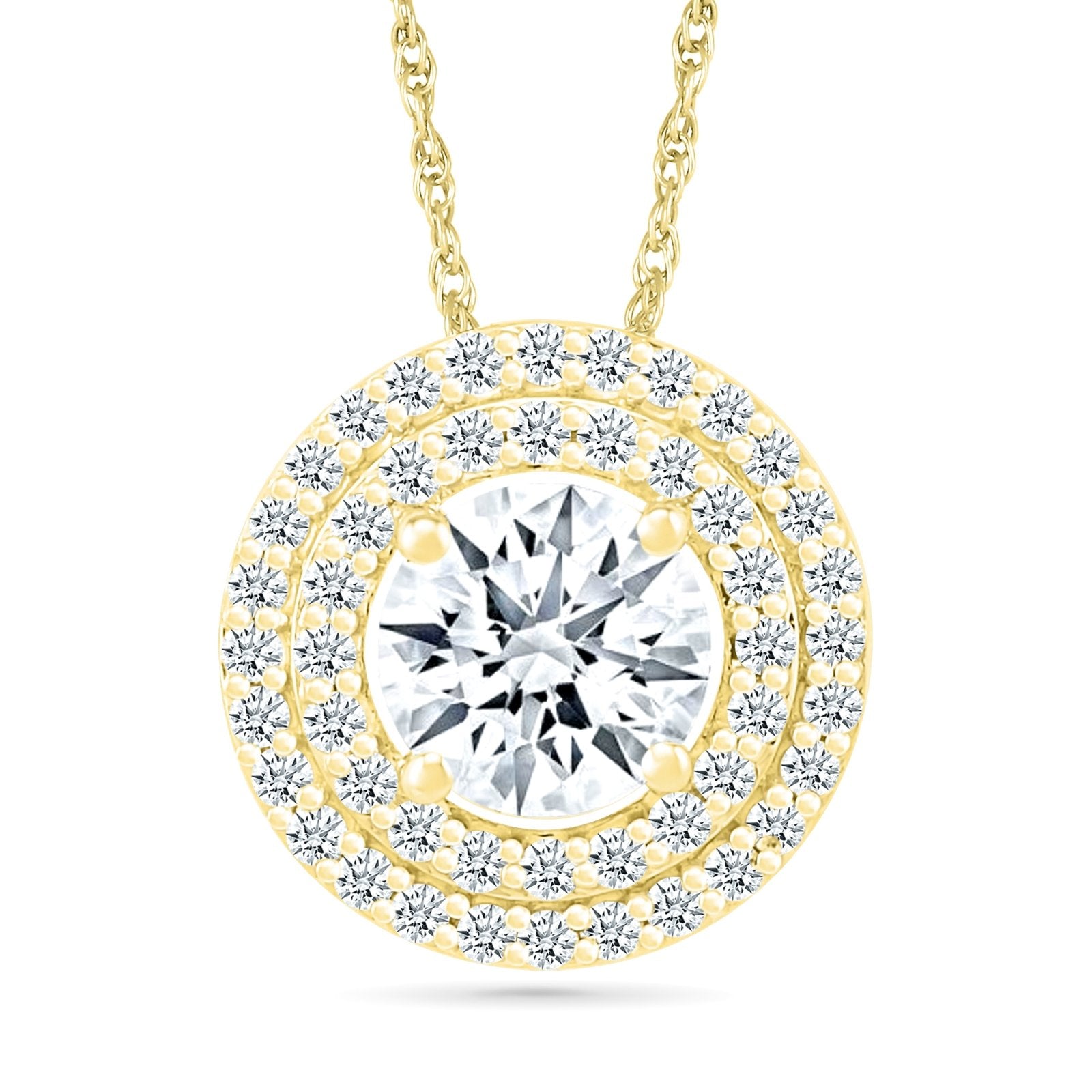 10k Yellow Gold Round White Sapphire Pendant with Double Halo - Elegant Jewelry for Women, Perfect for Weddings, Anniversaries & Special Occasions