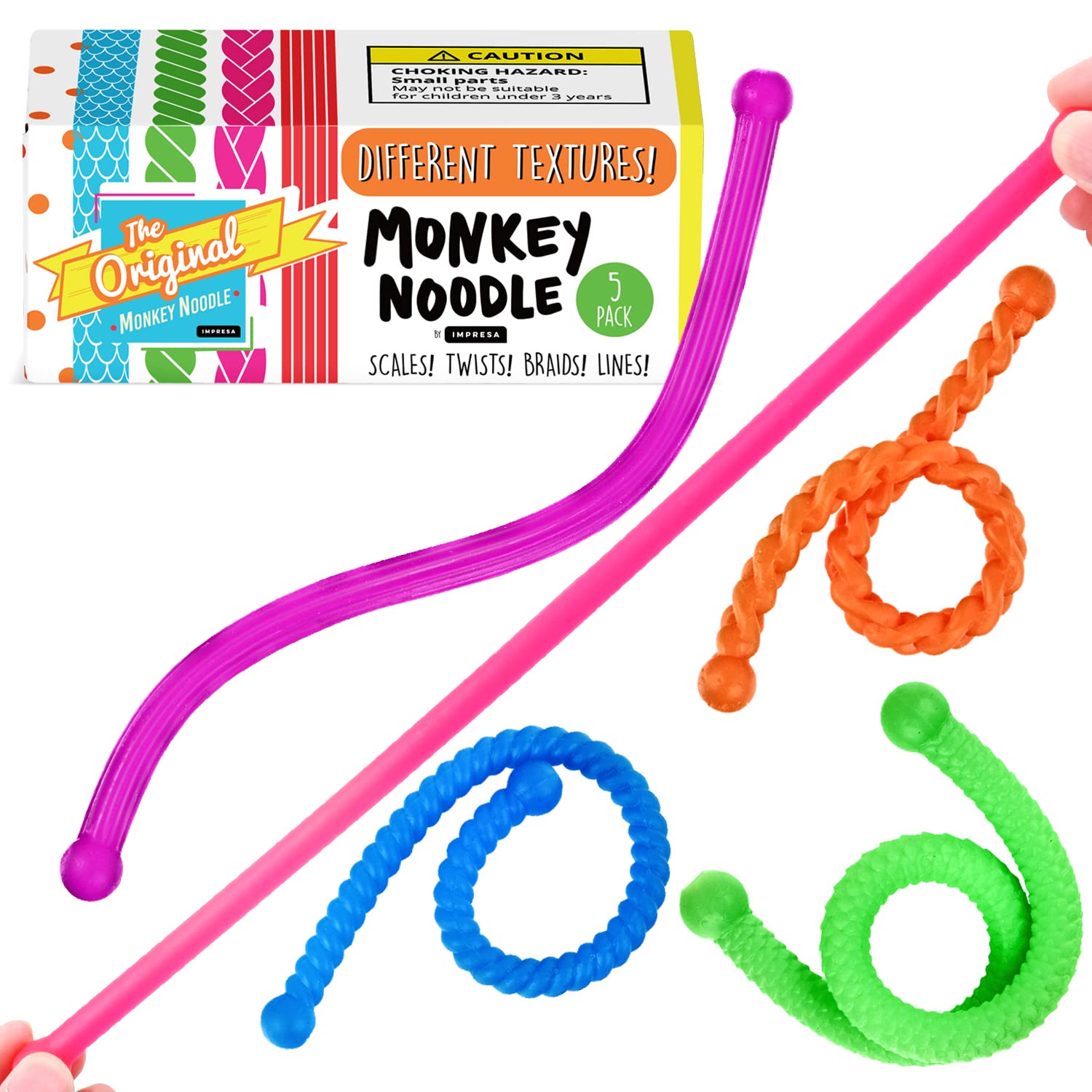 5-Pack Textured Monkey Noodle Fidget Toys - Stress Relief Sensory Toys for Kids & Adults - Stretchy Anxiety Relief Toys for ADHD, Autism & Special Needs - Perfect for Classroom, Office & Travel Focus Aid