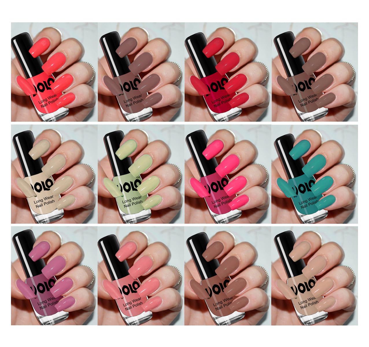 Volo Non-Toxic 12-Piece Nail Polish Set - Carrot Red, Dark Nude, Passion Pink & More | Vegan, Cruelty-Free Long Lasting Polish for Manicures, Pedicures & Nail Art