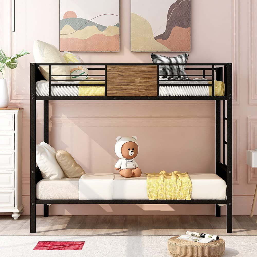 Modern Twin-Over-Twin Bunk Bed with Safety Rail & Built-in Ladder - Sturdy Steel Frame for Kids & Teens (Brown, 78