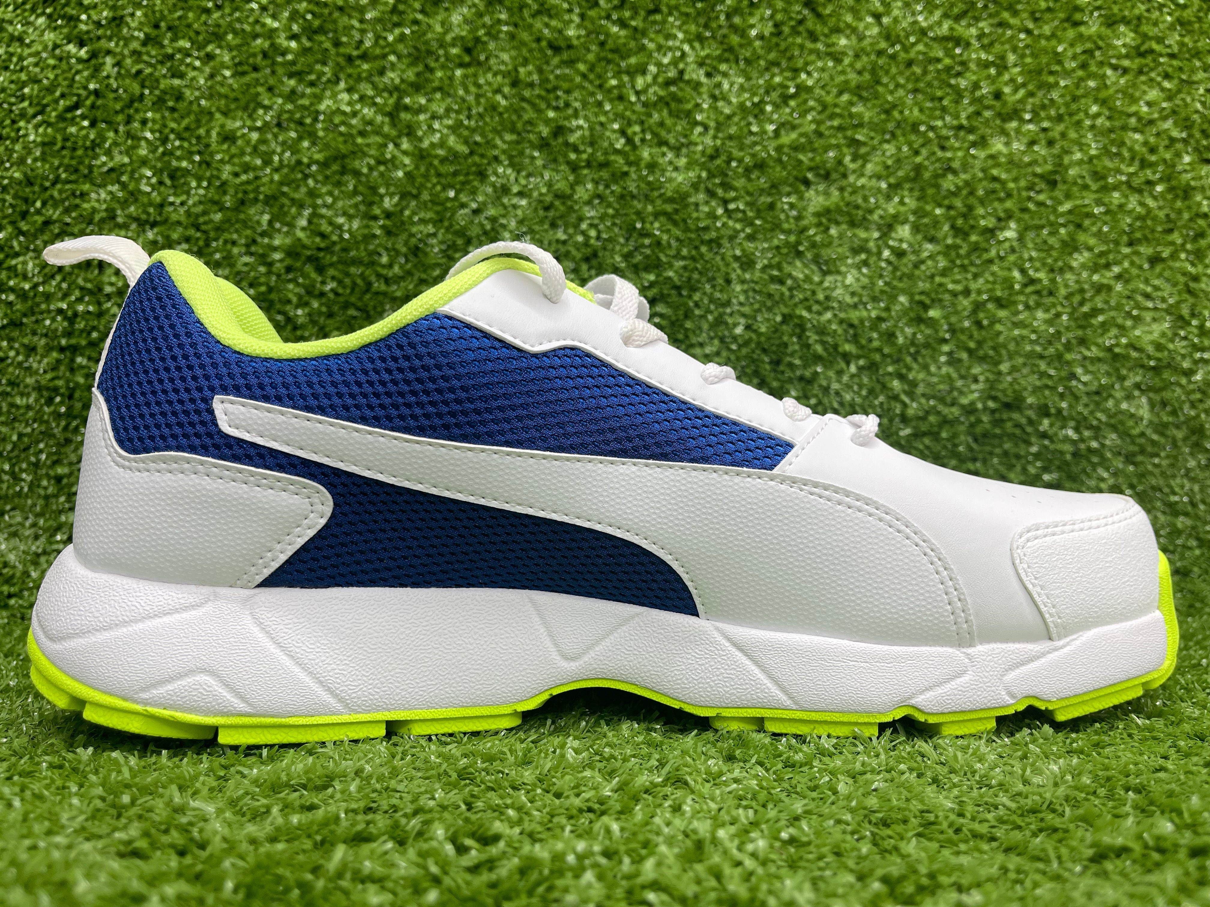 Puma Men's White Blazing Blue Fast Yellow Cricket Shoes - Lightweight & Durable for Cricket Matches & Training