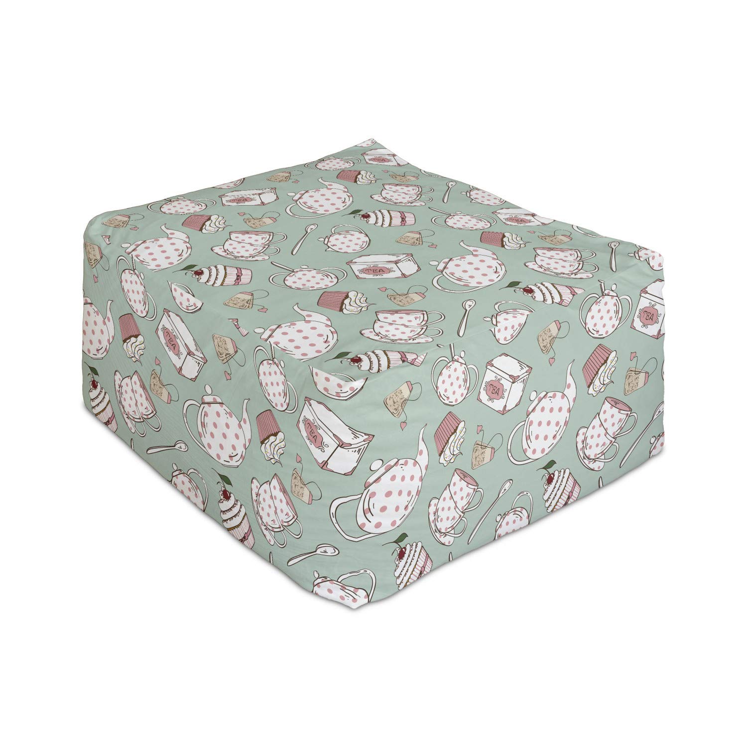 Ambesonne Tea Party Rectangle Pouf Ottoman - Polka Dot Teapot & Cup Design with Cherry Cupcake & Teabag - 25 Inch Foot Stool for Living Room, Office & Bedroom - Almond Green Coral Color - Perfect for Relaxing, Reading & Decor