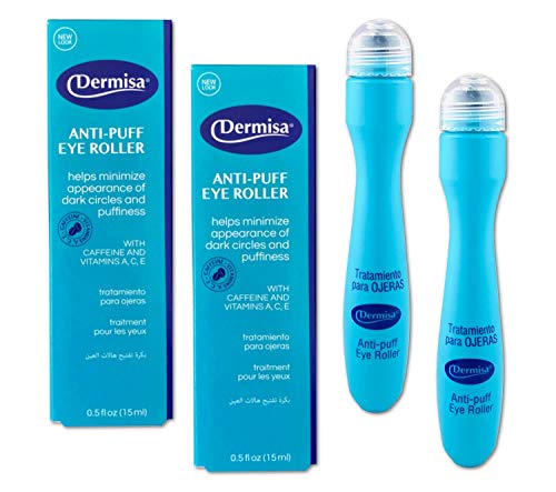 Dermisa Eye Roller for Puffy Eyes & Dark Circles - Under Eye Treatment Serum with Caffeine & Peppermint for Bright, Healthy Skin - Paraben, Fragrance, Dye & Oil Free - Made in USA - Pack of 2 - Perfect for Morning Routine & Travel Skincare